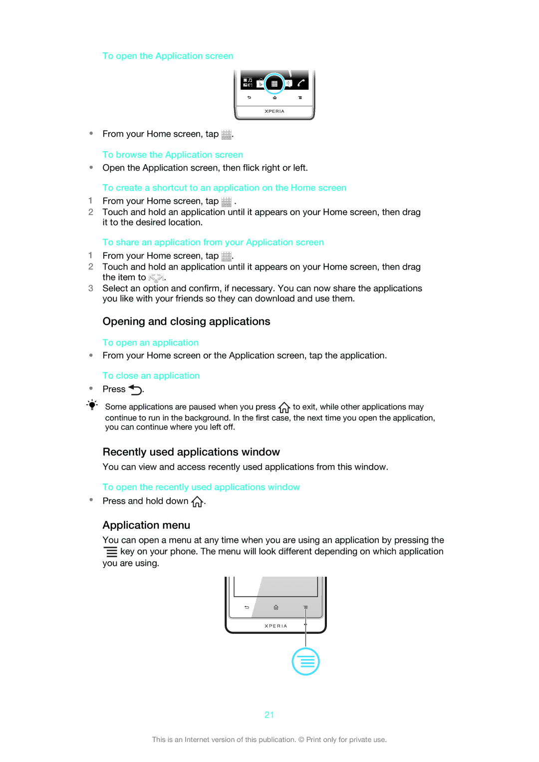 Sony 1265-2574, 1265-2575, 1265-2576 Opening and closing applications, Recently used applications window, Application menu 