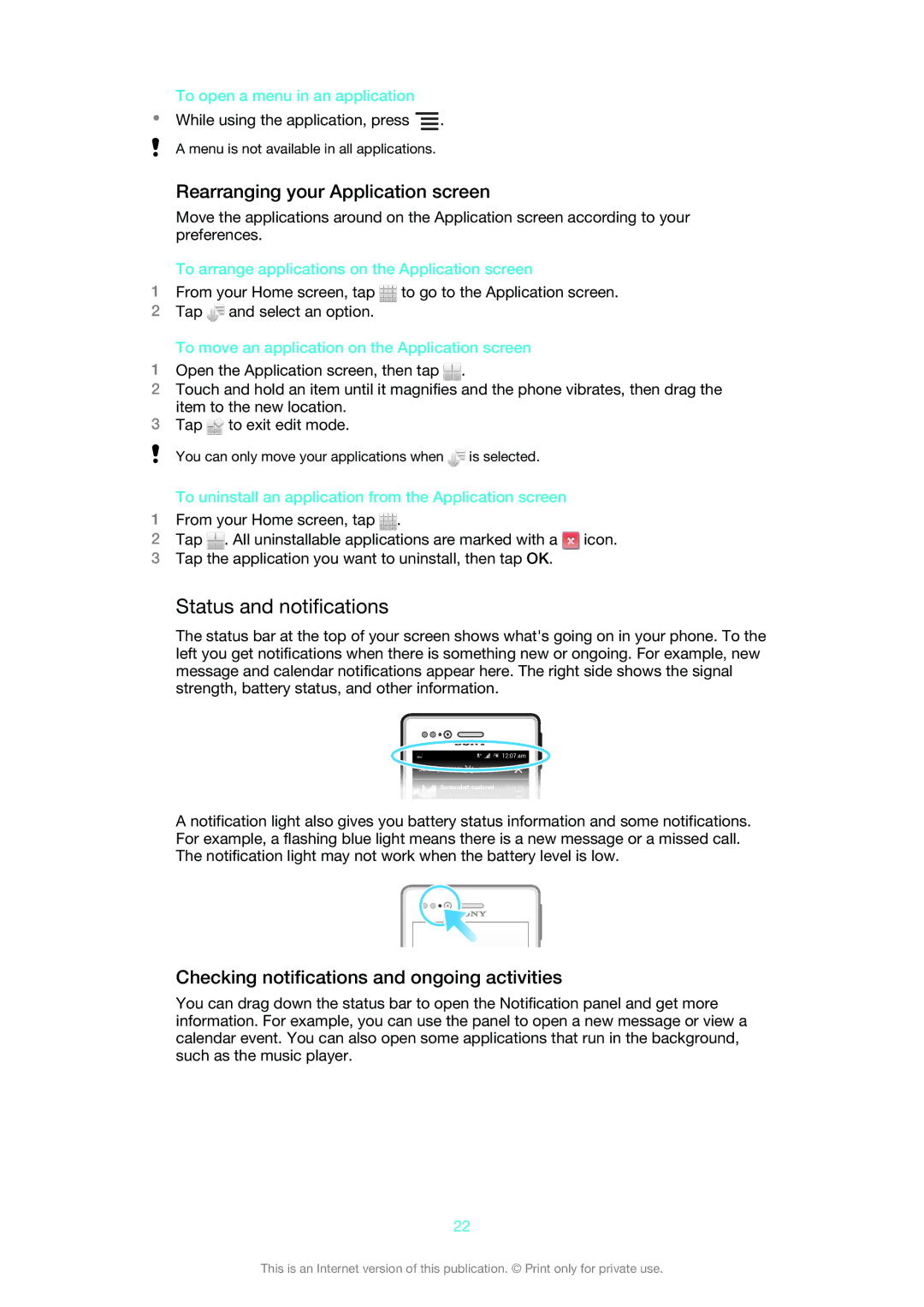 Sony 1265-2575, 1265-2574, 1265-2576 manual Status and notifications, Rearranging your Application screen 