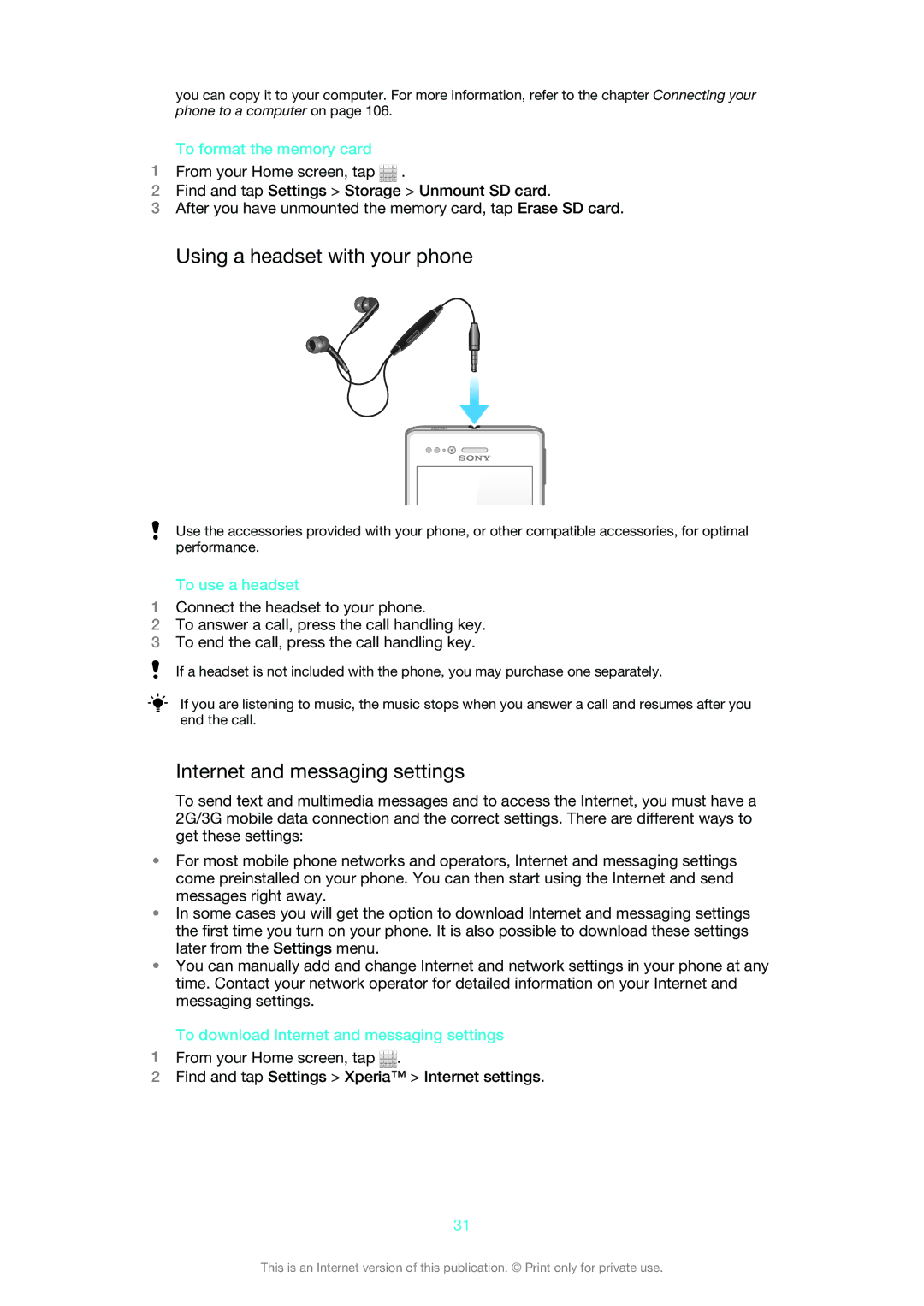 Sony 1265-2575, 1265-2574 manual Using a headset with your phone, Internet and messaging settings, To format the memory card 