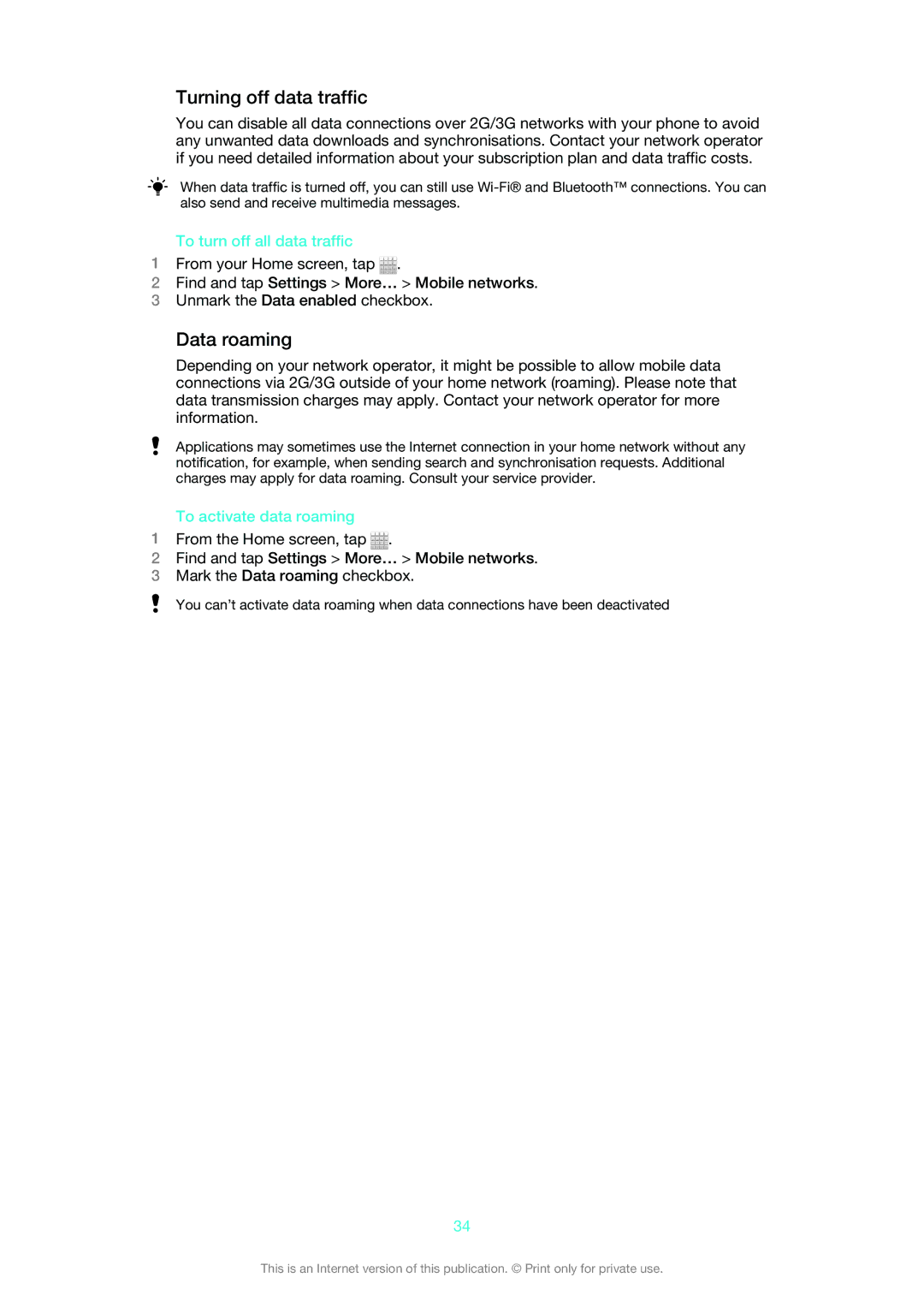 Sony 1265-2575, 1265-2574 Turning off data traffic, Data roaming, To turn off all data traffic, To activate data roaming 