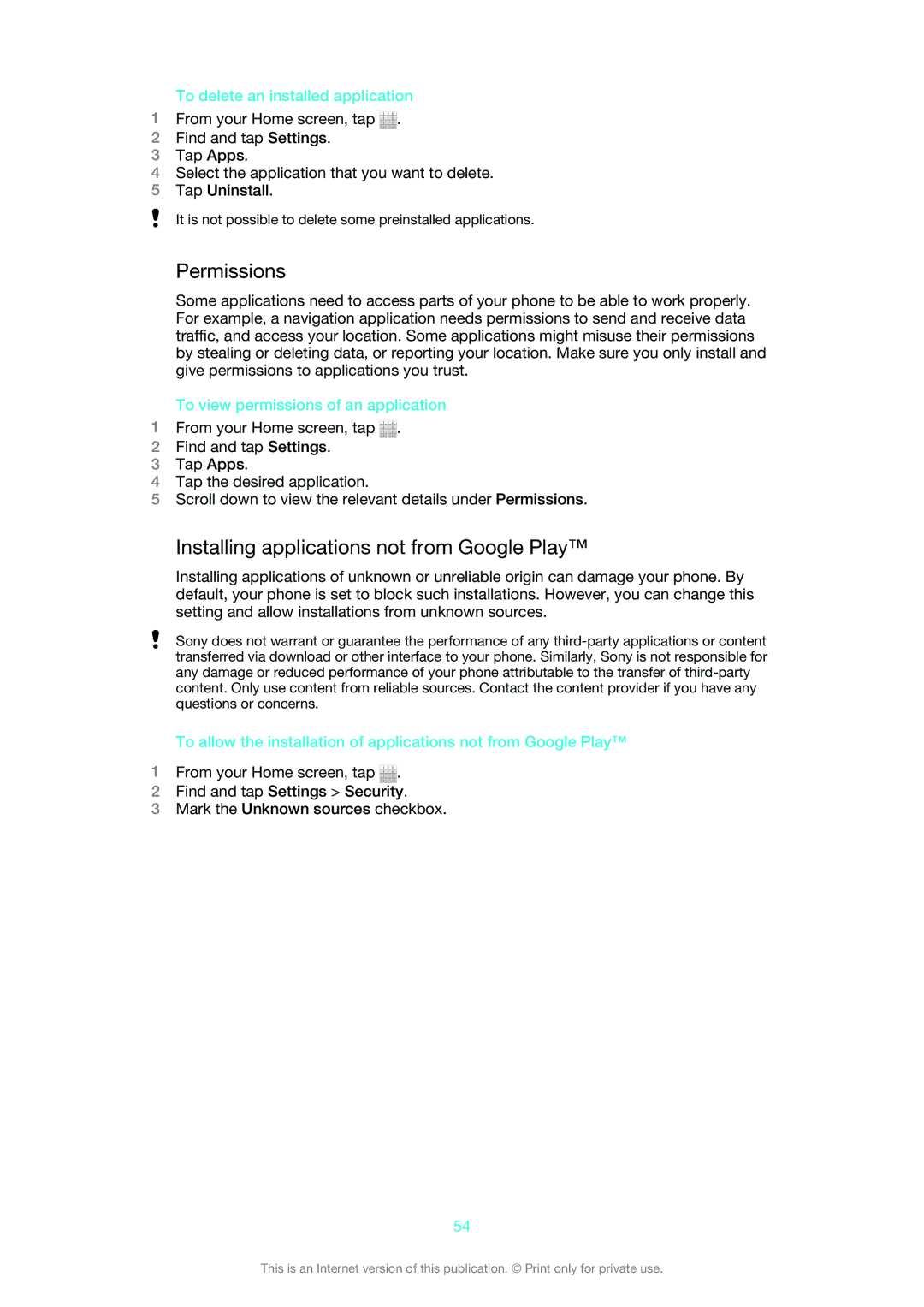 Sony 1265-2574, 1265-2575 Permissions, Installing applications not from Google Play, To delete an installed application 