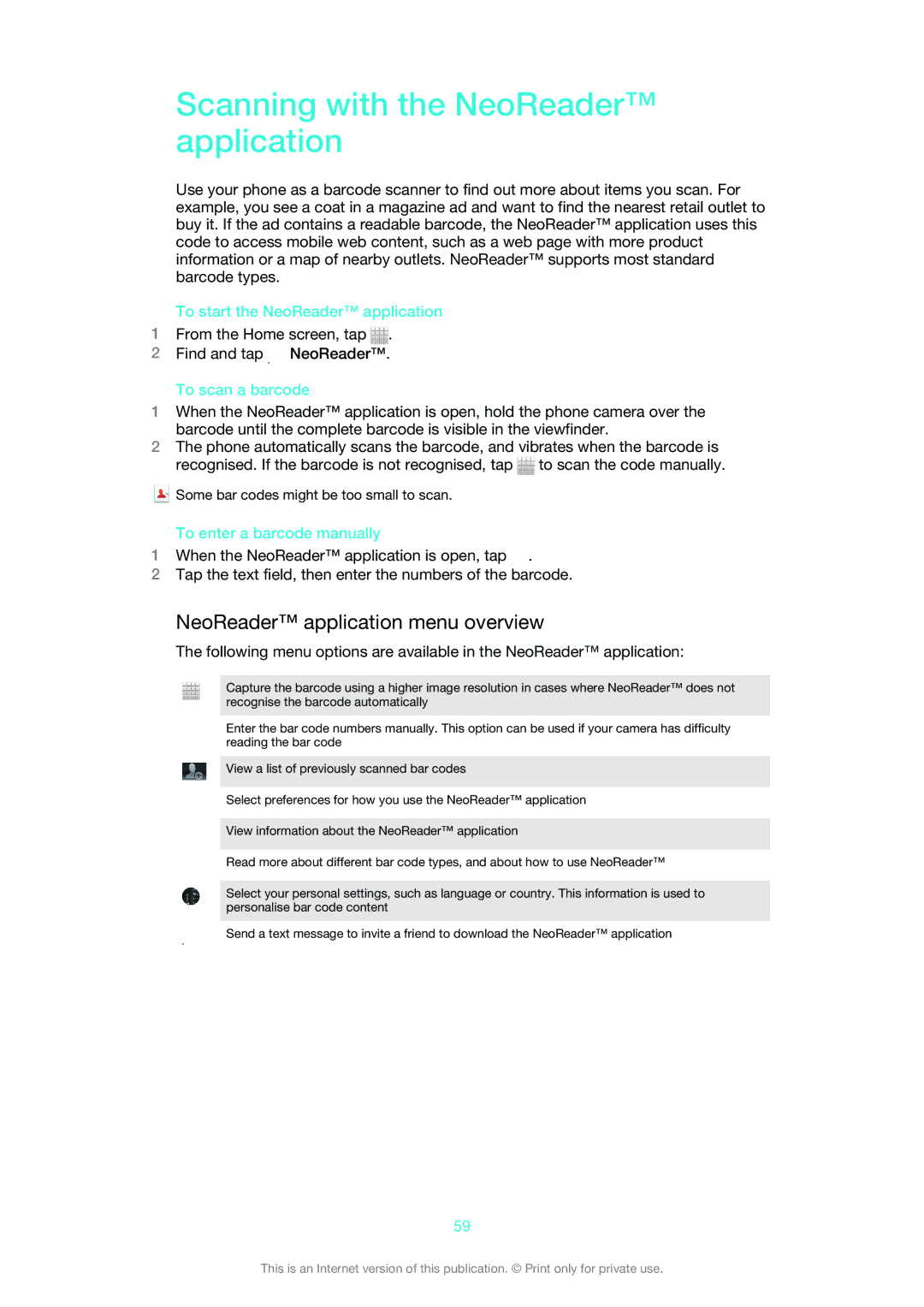 Sony 1265-2576, 1265-2574 Scanning with the NeoReader application, NeoReader application menu overview, To scan a barcode 