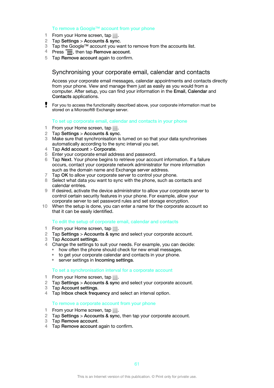 Sony 1265-2575 manual Synchronising your corporate email, calendar and contacts, To remove a Google account from your phone 