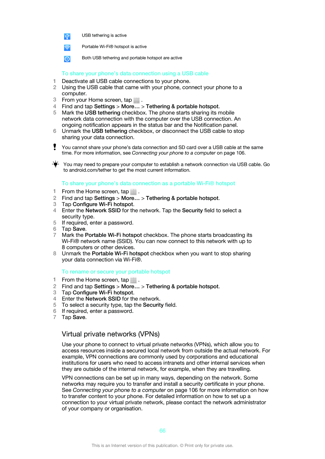 Sony 1265-2574, 1265-2575, 1265-2576 Virtual private networks VPNs, To share your phone’s data connection using a USB cable 