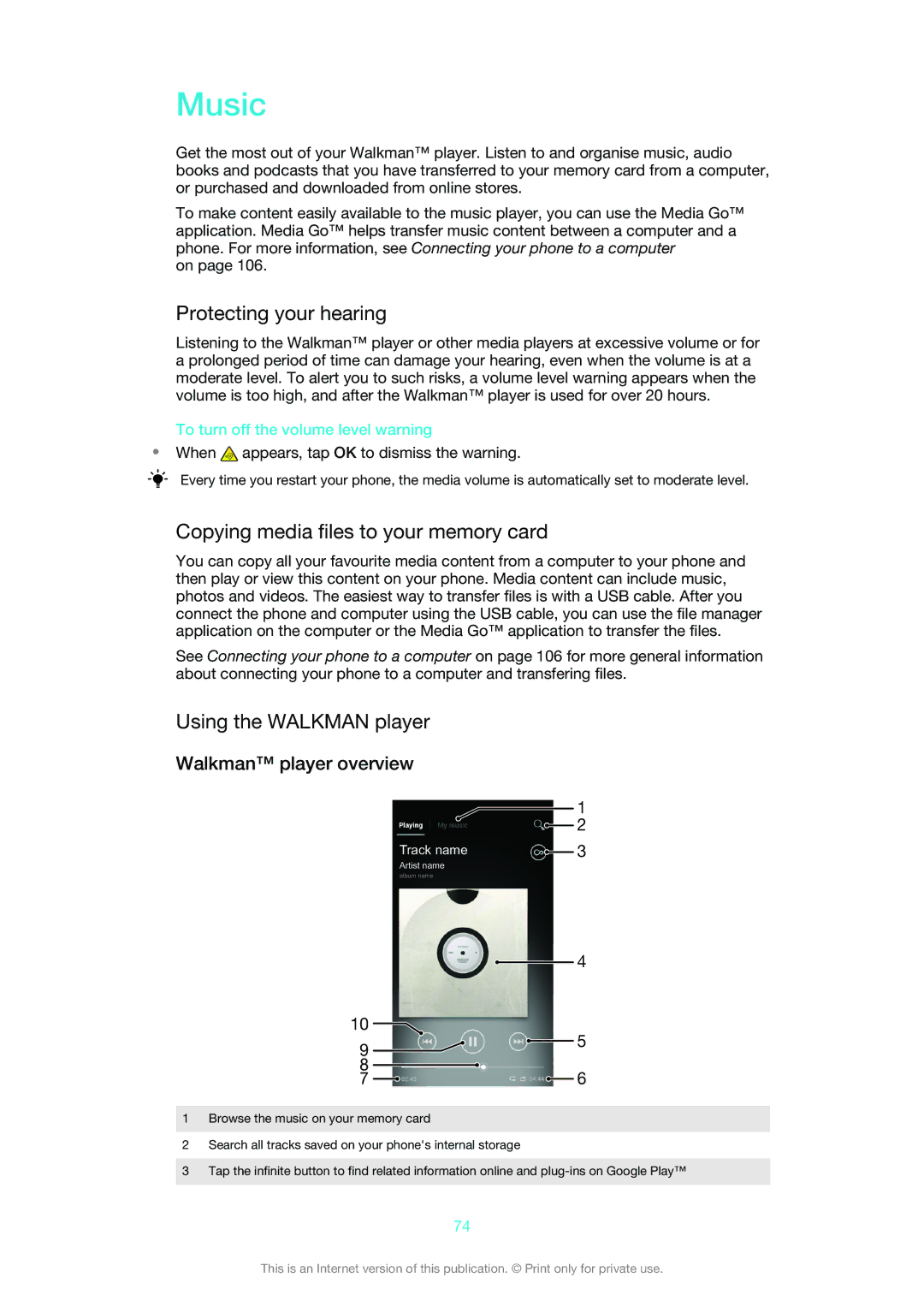 Sony 1265-2576 manual Music, Protecting your hearing, Copying media files to your memory card, Using the Walkman player 