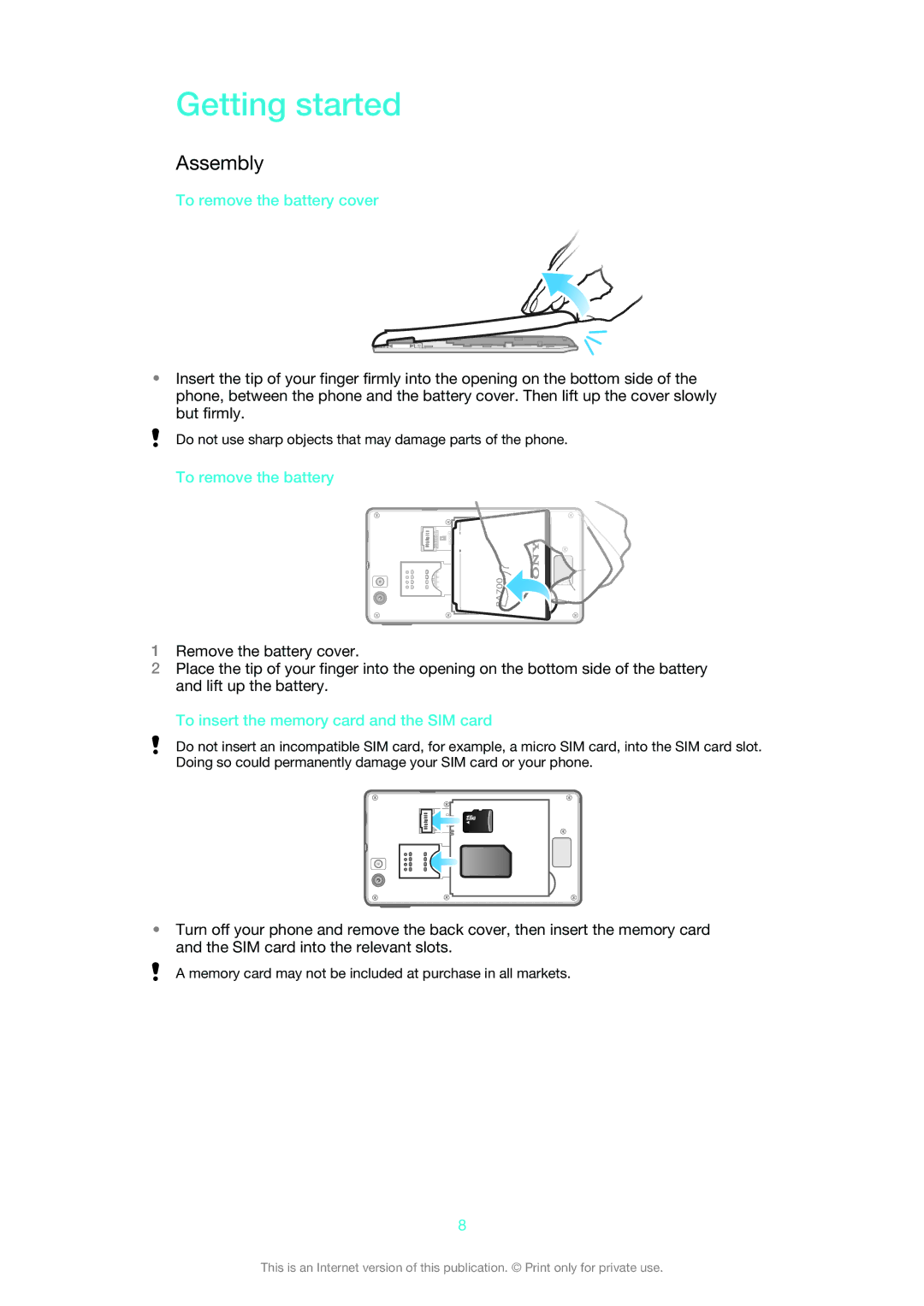 Sony 1265-2576 manual Getting started, Assembly, To remove the battery cover, To insert the memory card and the SIM card 