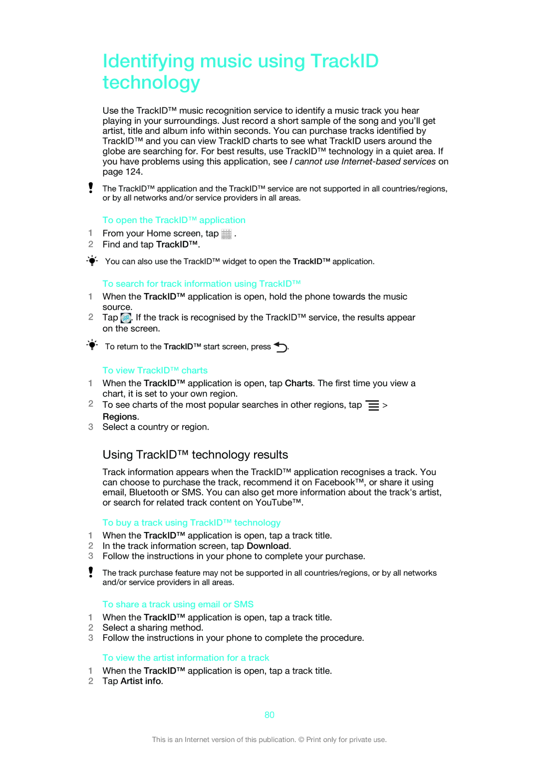 Sony 1265-2576, 1265-2574, 1265-2575 manual Identifying music using TrackID technology, Using TrackID technology results 