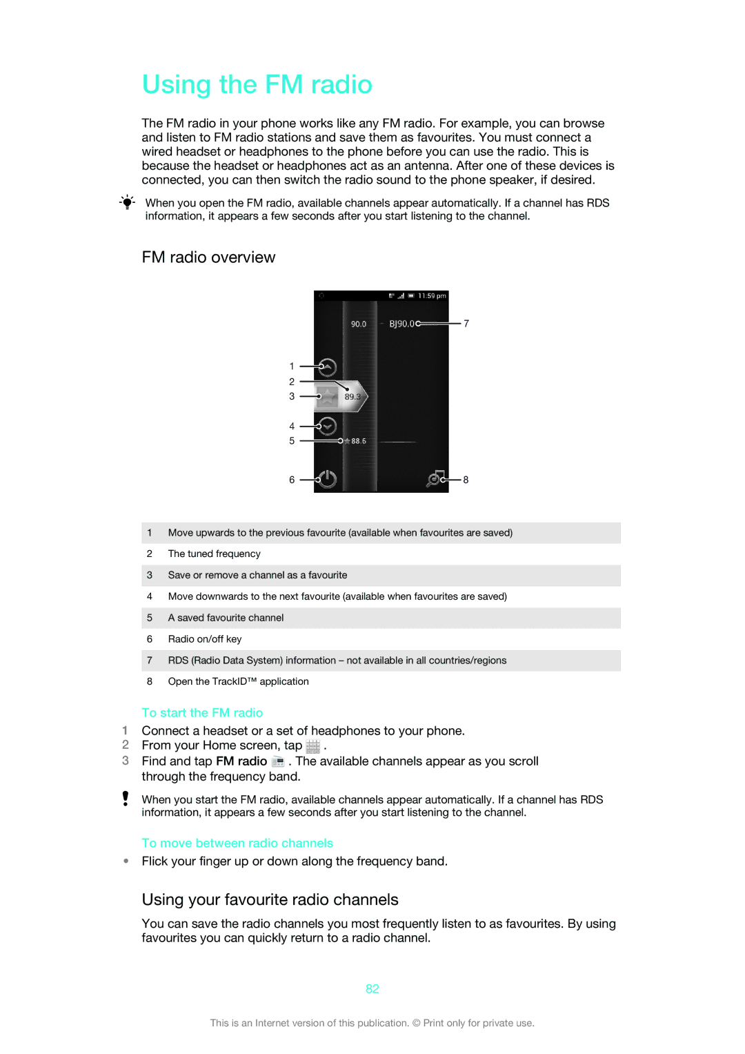 Sony 1265-2575 manual Using the FM radio, FM radio overview, Using your favourite radio channels, To start the FM radio 