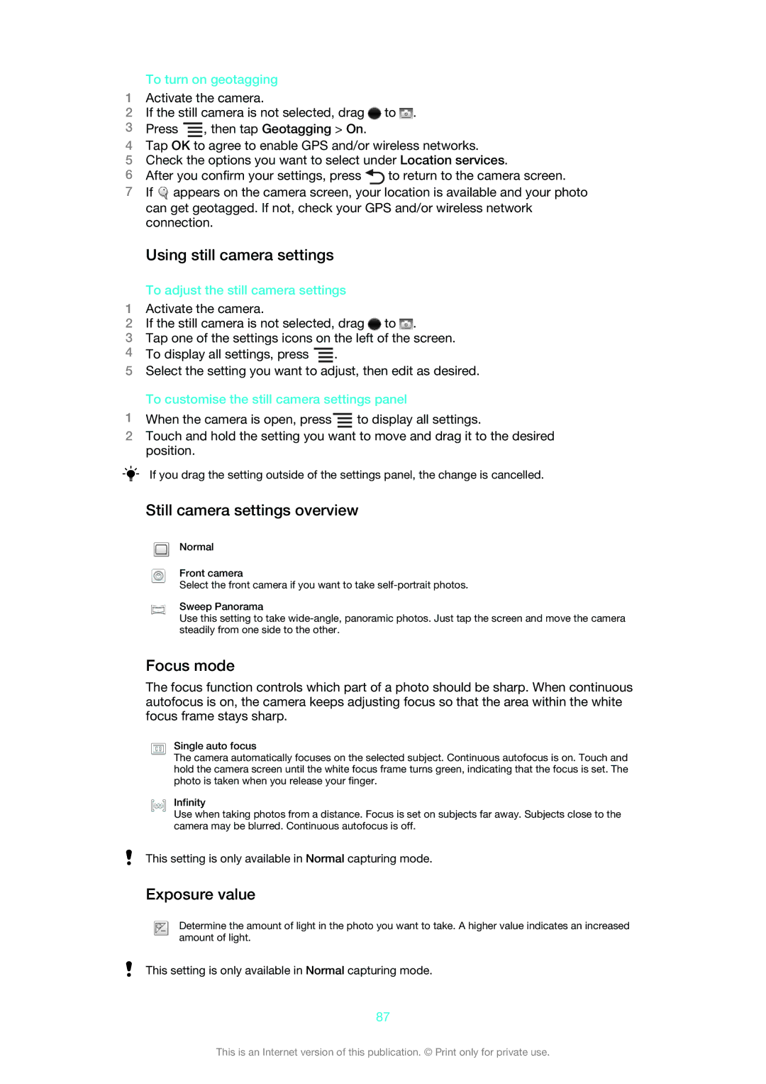 Sony 1265-2574, 1265-2575 manual Using still camera settings, Still camera settings overview, Focus mode, Exposure value 