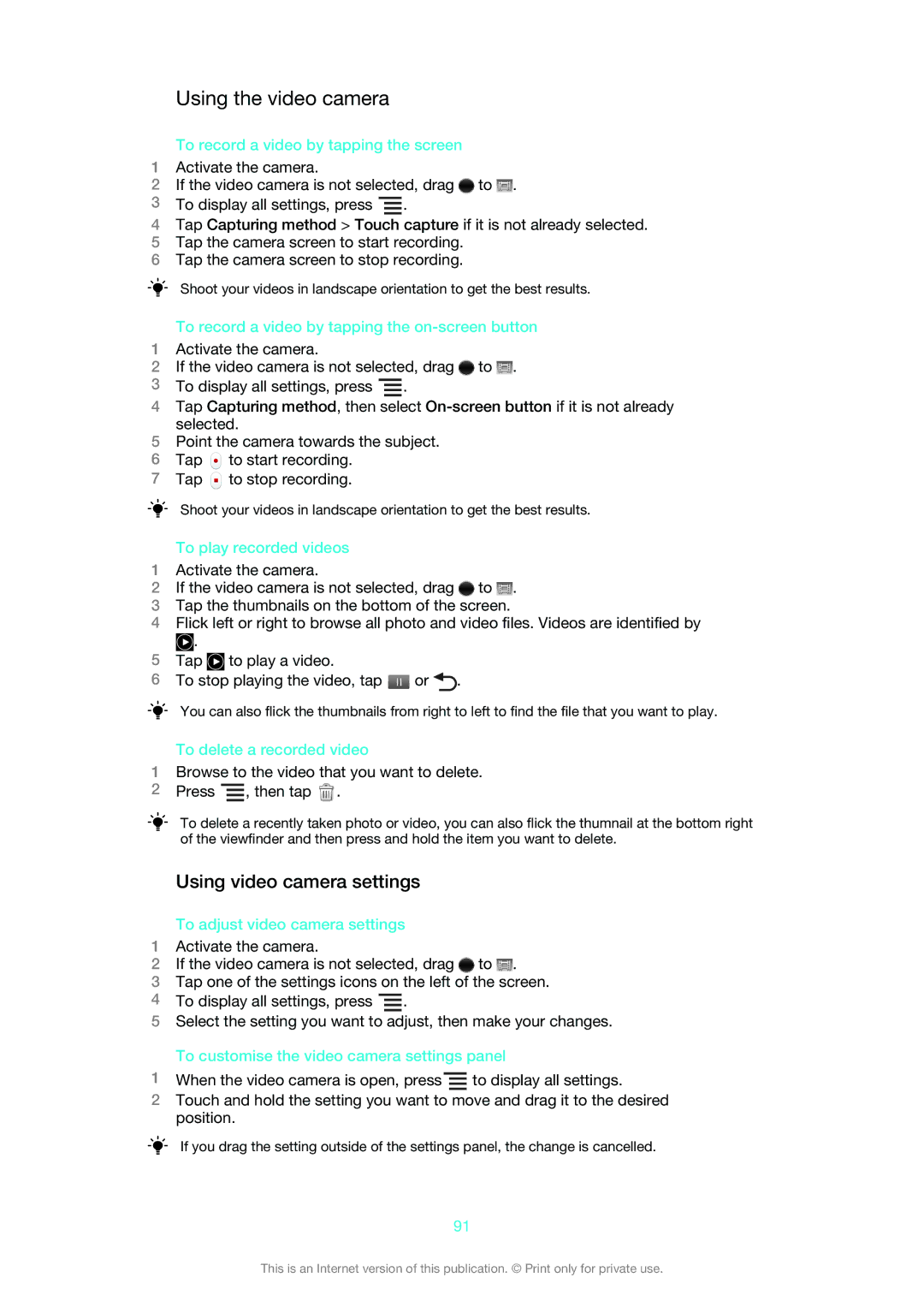 Sony 1265-2575, 1265-2574, 1265-2576 manual Using the video camera, Using video camera settings 