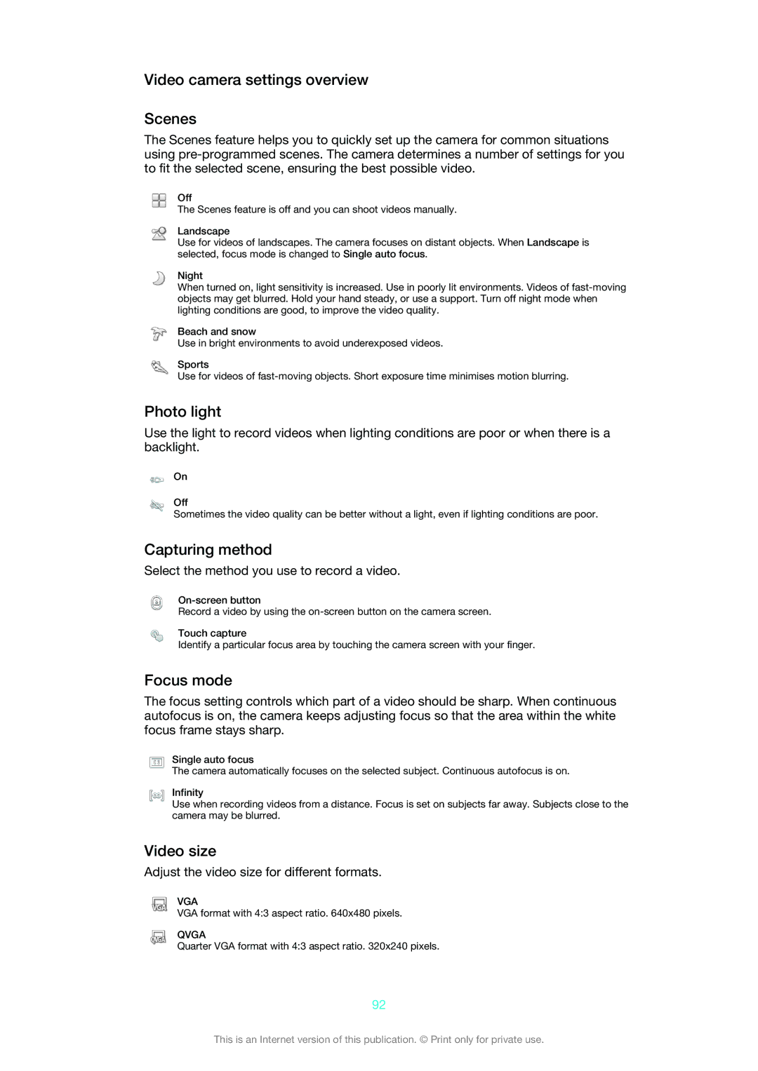 Sony 1265-2576 Video camera settings overview Scenes, Photo light, Video size, Select the method you use to record a video 