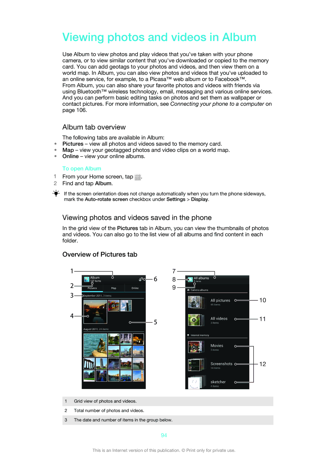 Sony 1265-2575 manual Viewing photos and videos in Album, Album tab overview, Viewing photos and videos saved in the phone 