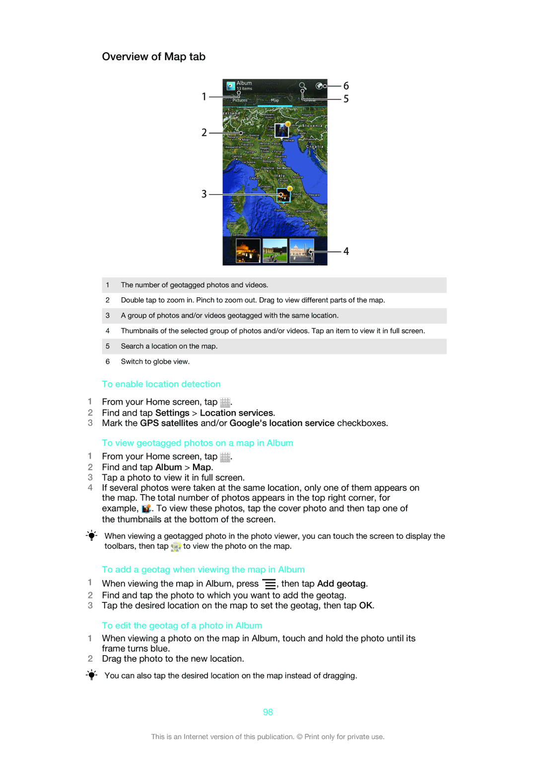 Sony 1265-2576, 1265-2574 Overview of Map tab, To enable location detection, To view geotagged photos on a map in Album 