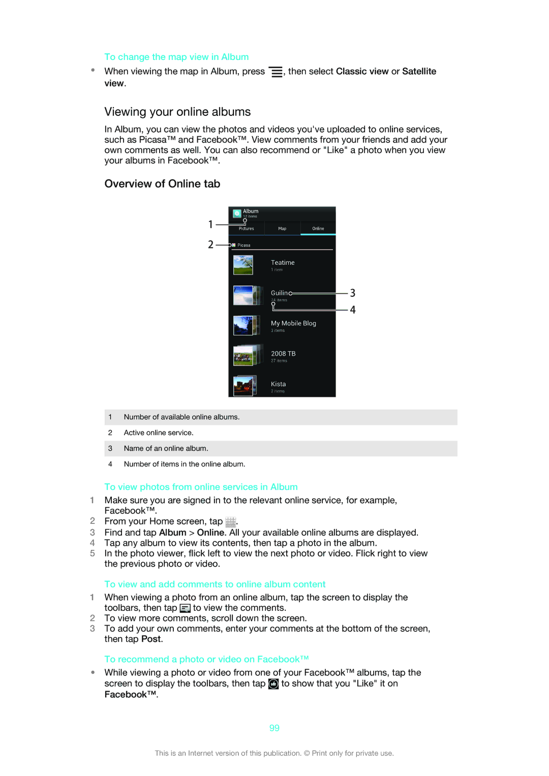 Sony 1265-2574, 1265-2575, 1265-2576 manual Viewing your online albums, Overview of Online tab 