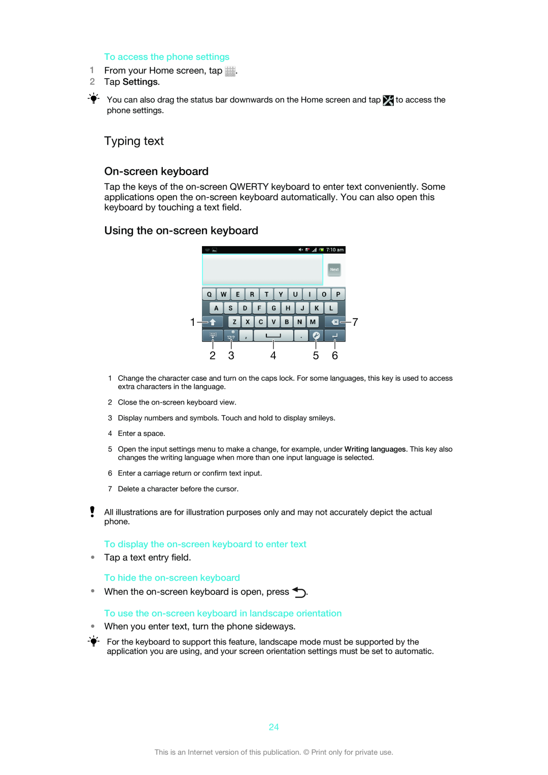 Sony 1265-2574, 1265-2575 manual Typing text, To access the phone settings, To display the on-screen keyboard to enter text 