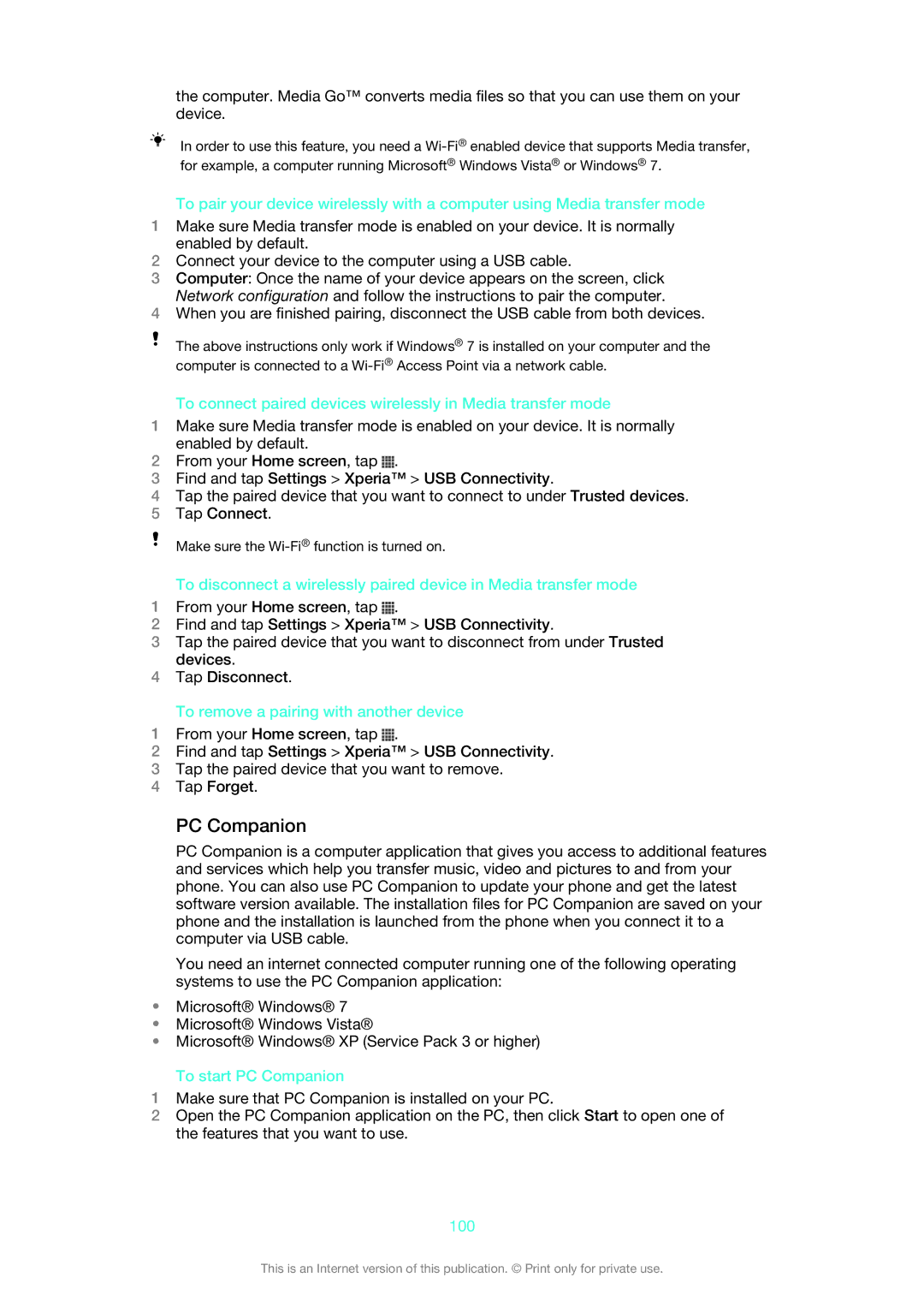Sony 1266-1565 manual To connect paired devices wirelessly in Media transfer mode, To start PC Companion, 100 