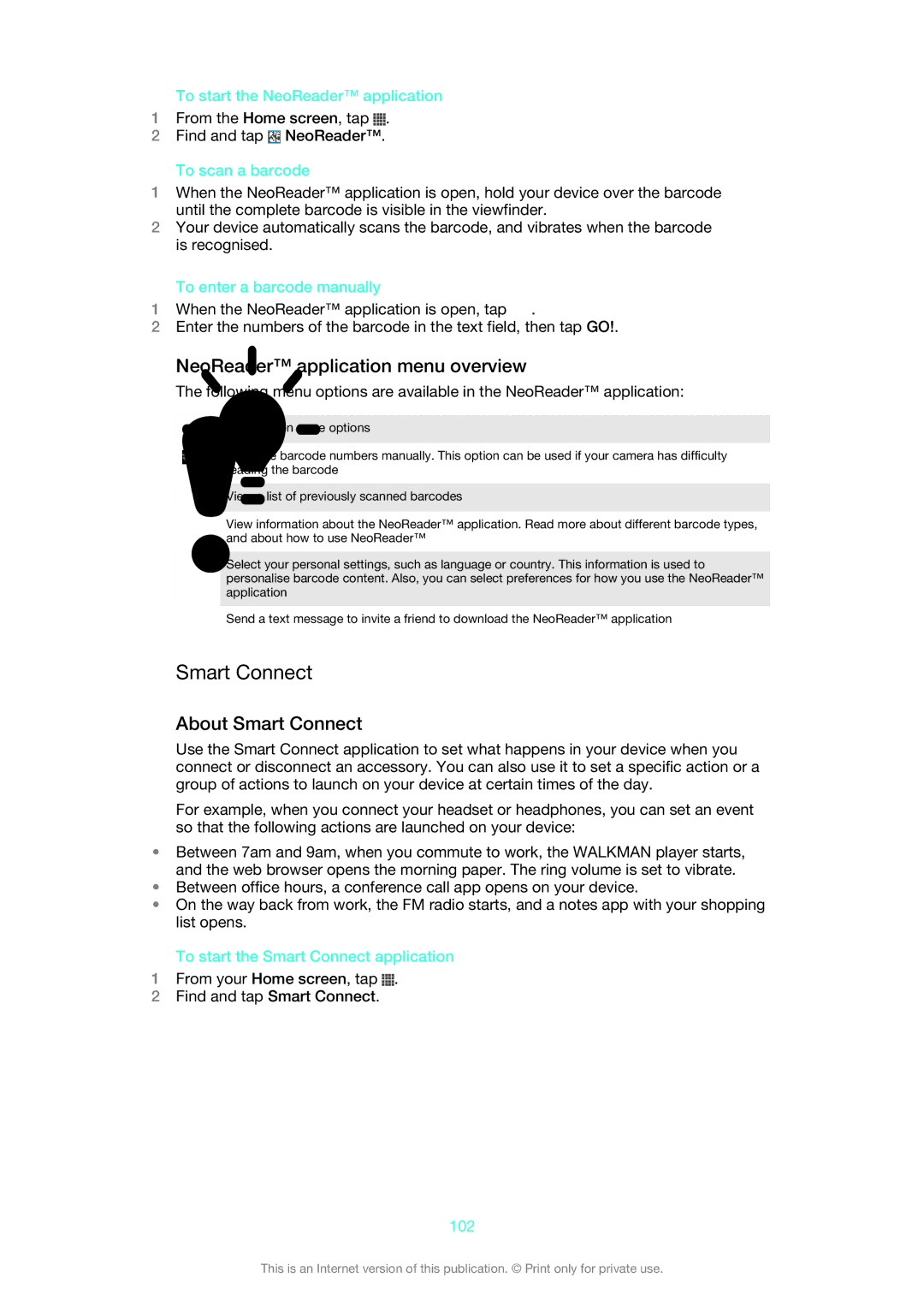 Sony 1266-1565 manual NeoReader application menu overview, About Smart Connect 