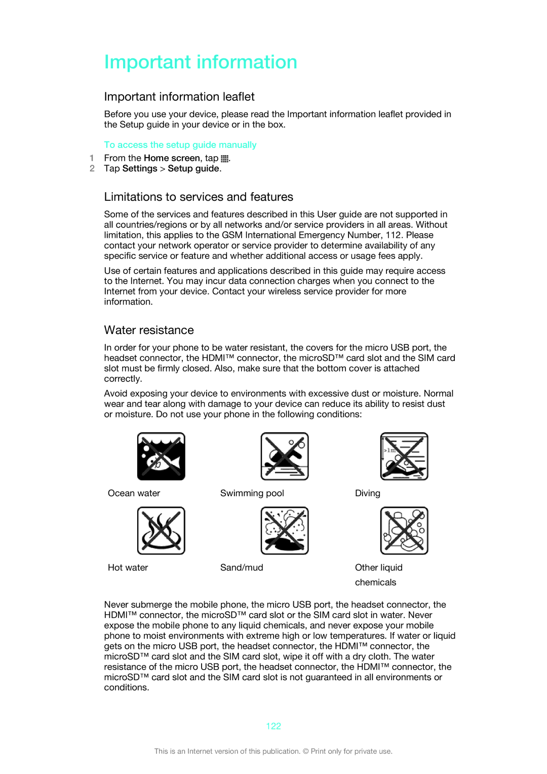 Sony 1266-1565 manual Important information leaflet, Limitations to services and features, Water resistance, 122 