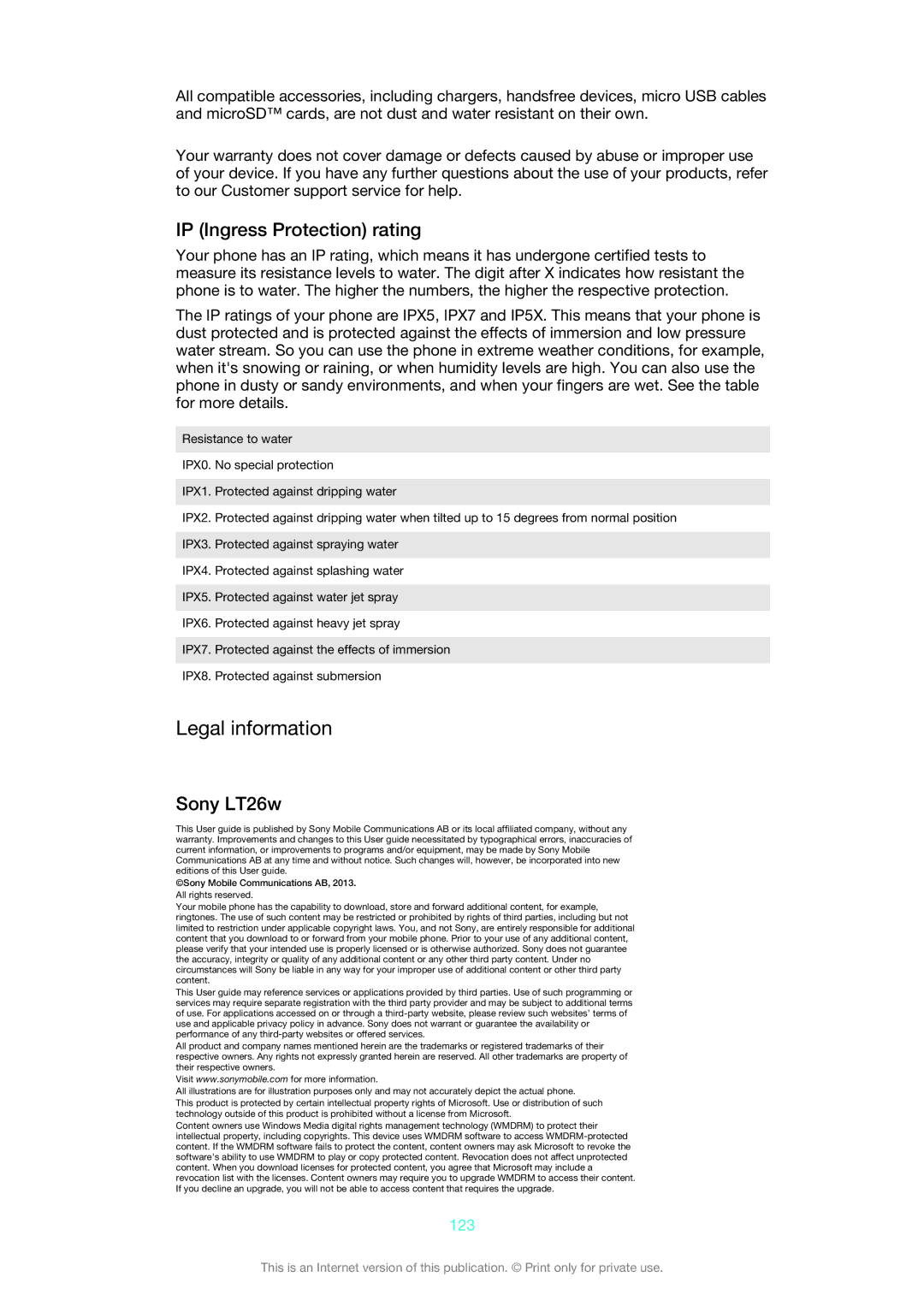 Sony 1266-1565 manual Legal information, IP Ingress Protection rating, Sony LT26w, 123 