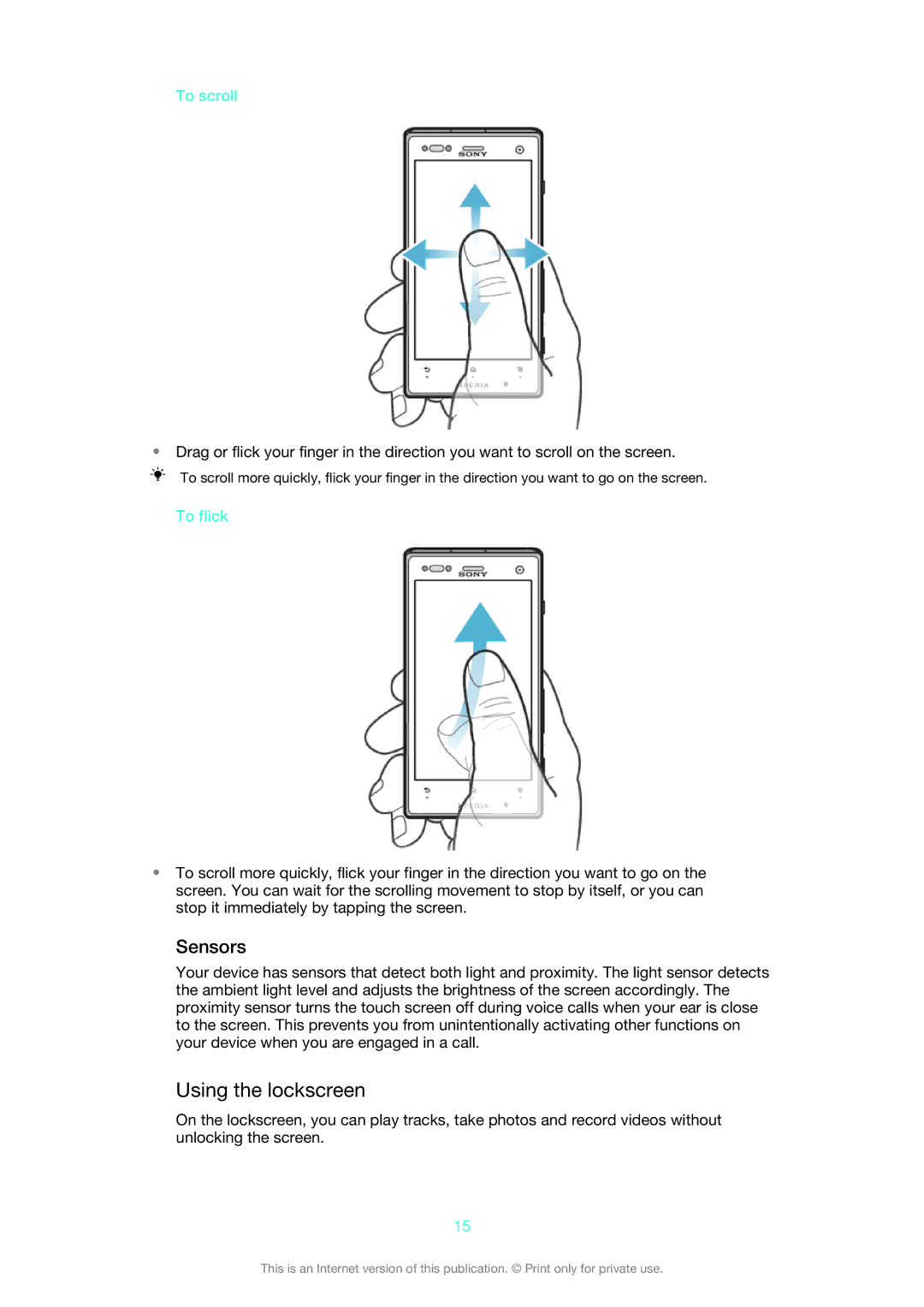 Sony 1266-1565 manual Using the lockscreen, Sensors, To scroll, To flick 