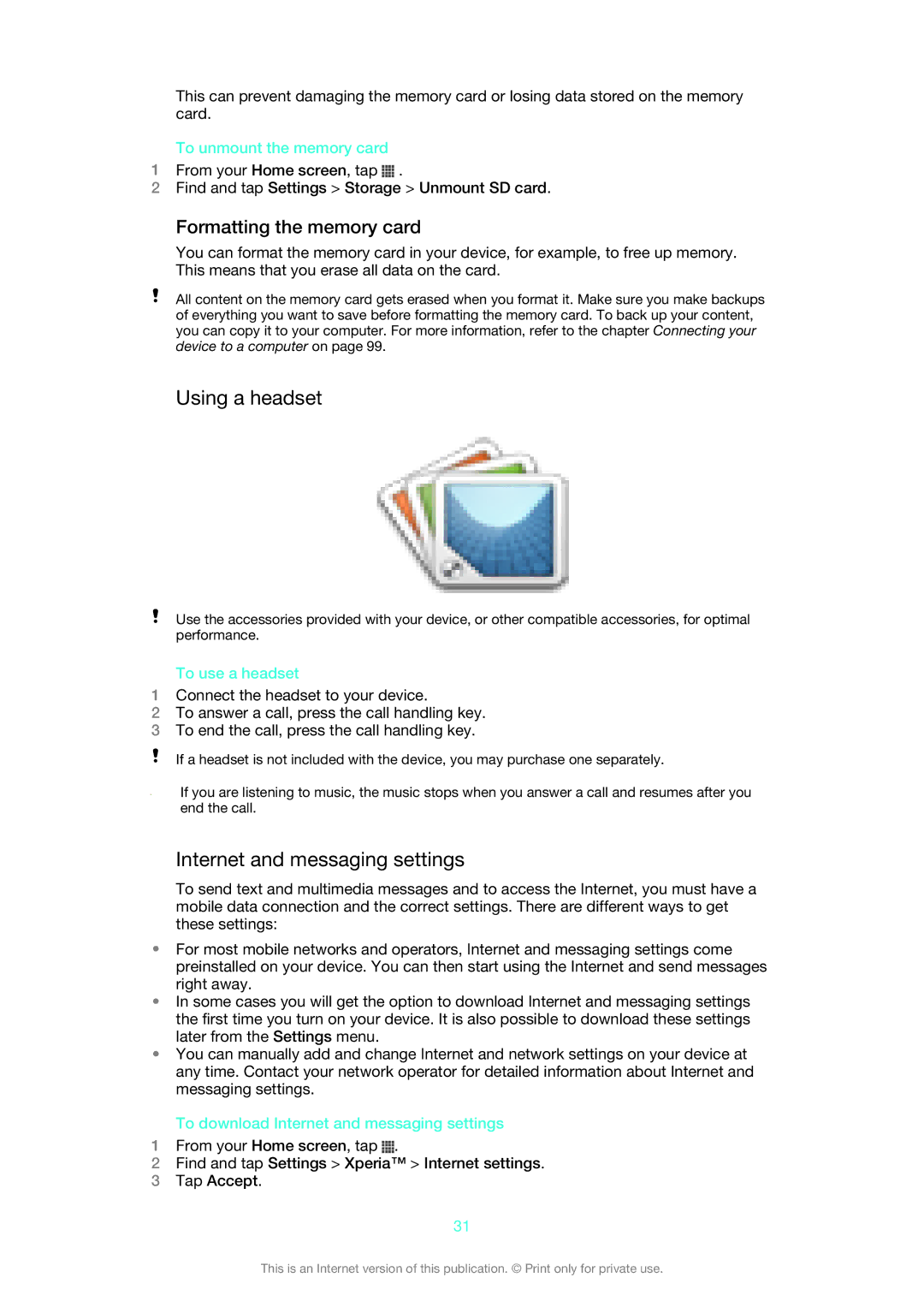 Sony 1266-1565 manual Using a headset, Internet and messaging settings, Formatting the memory card 