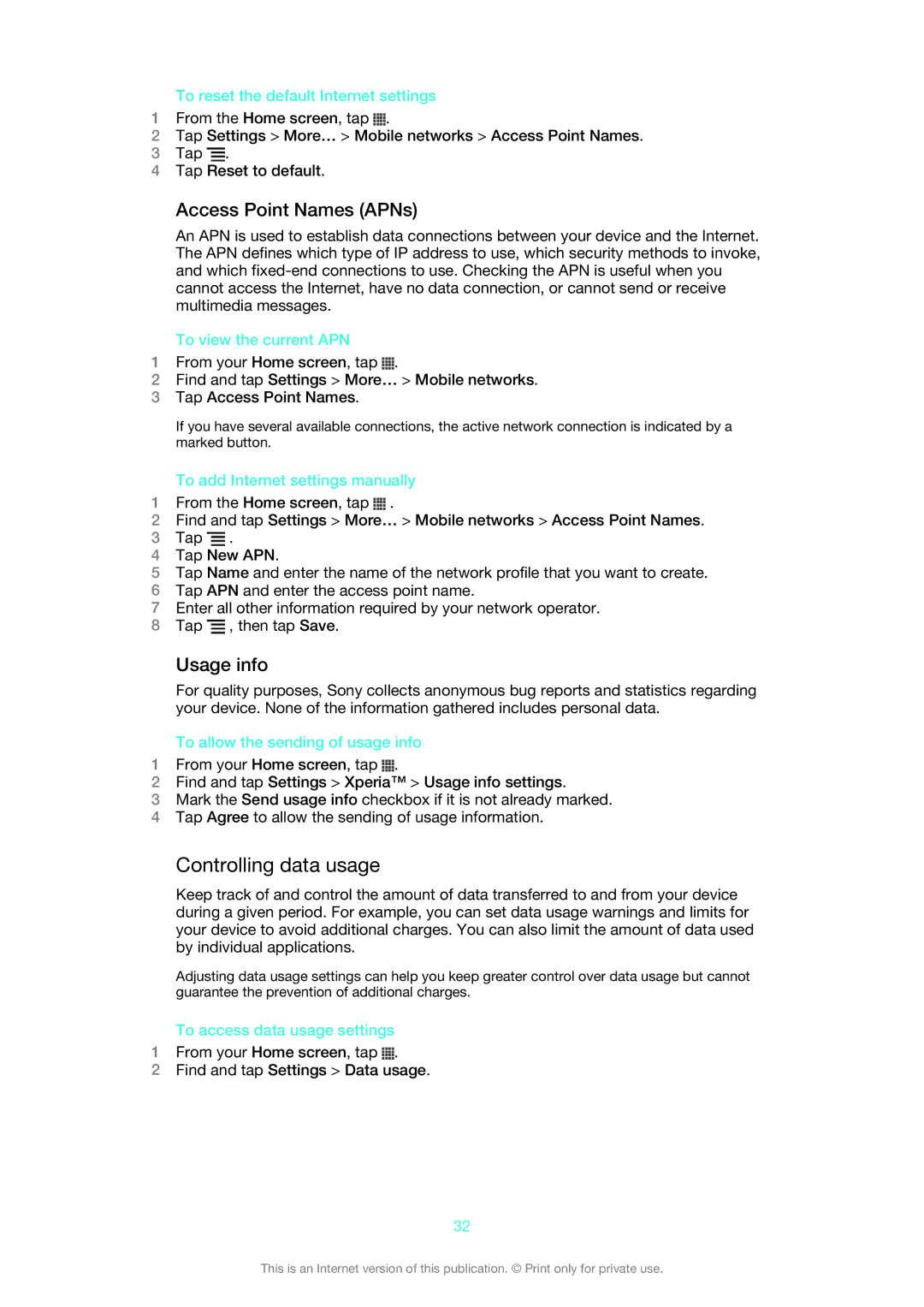 Sony 1266-1565 manual Controlling data usage, Access Point Names APNs, Usage info 