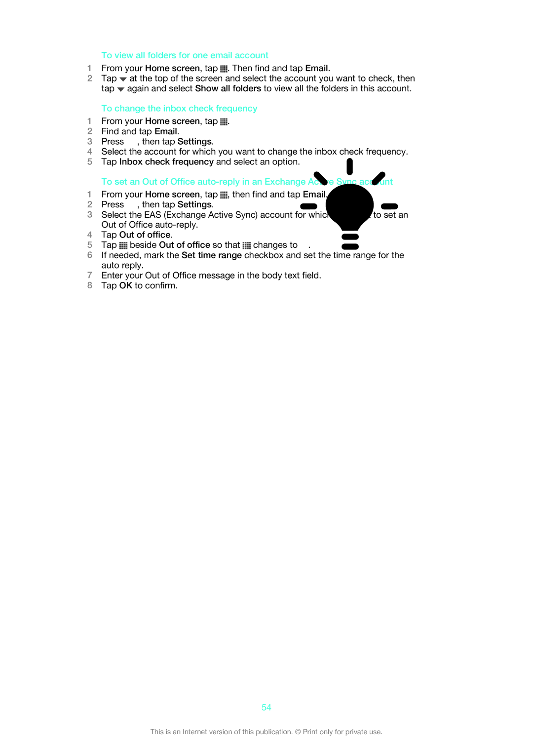 Sony 1266-1565 manual To view all folders for one email account, To change the inbox check frequency 