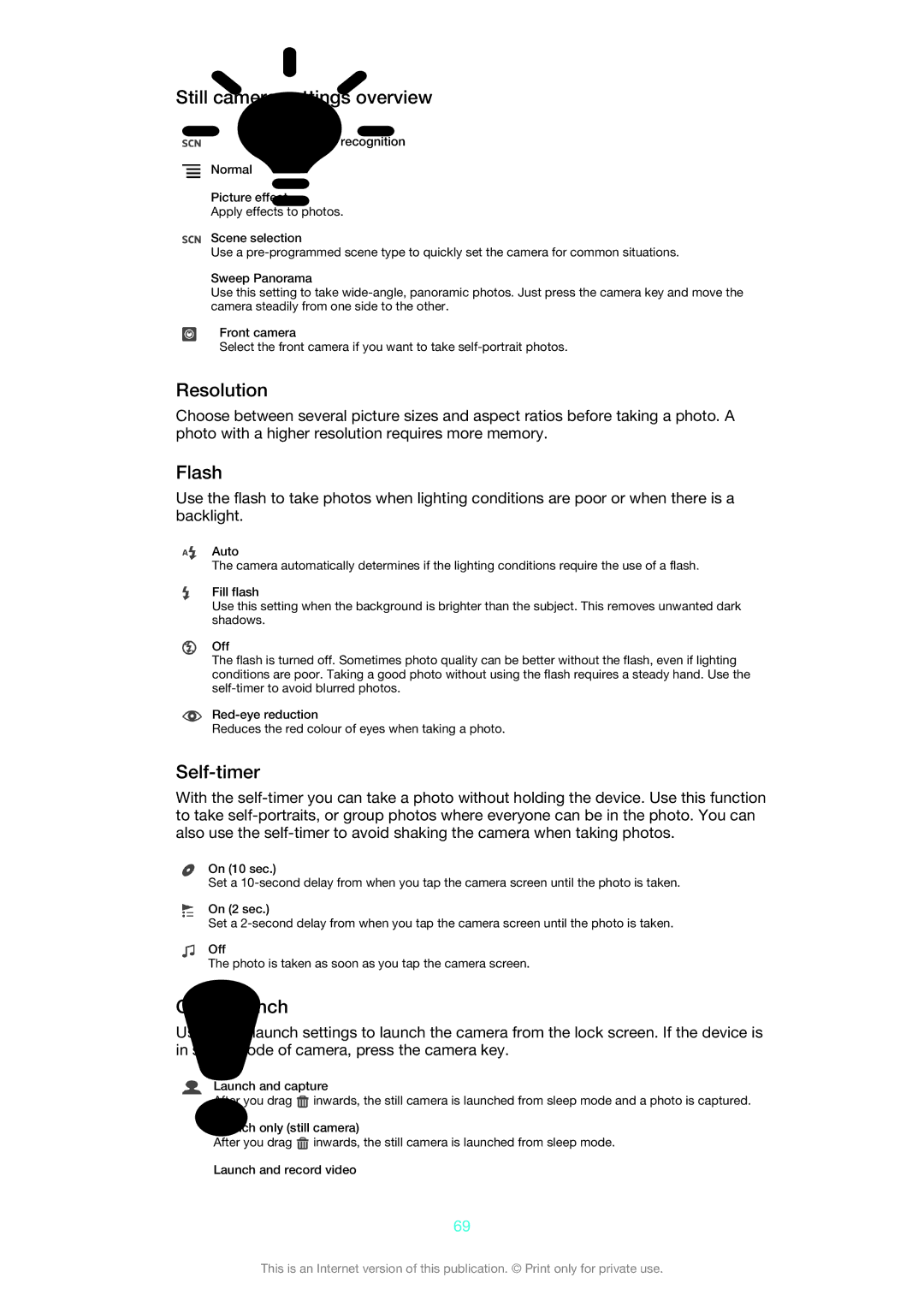 Sony 1266-1565 manual Still camera settings overview, Resolution, Flash, Self-timer, Quick launch 