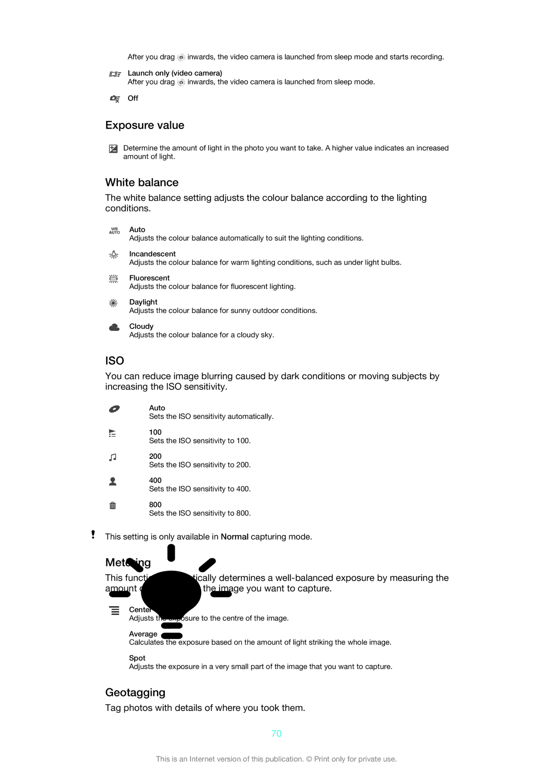 Sony 1266-1565 manual Exposure value, White balance, Metering, Geotagging, Tag photos with details of where you took them 