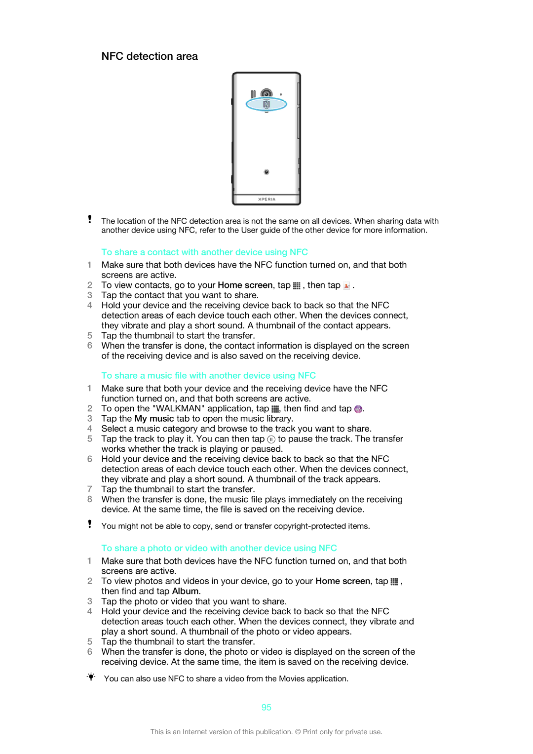 Sony 1266-1565 manual NFC detection area, To share a contact with another device using NFC 