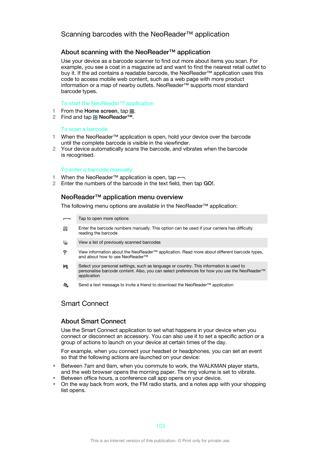 Sony 1269-0259 manual Scanning barcodes with the NeoReader application, Smart Connect, NeoReader application menu overview 