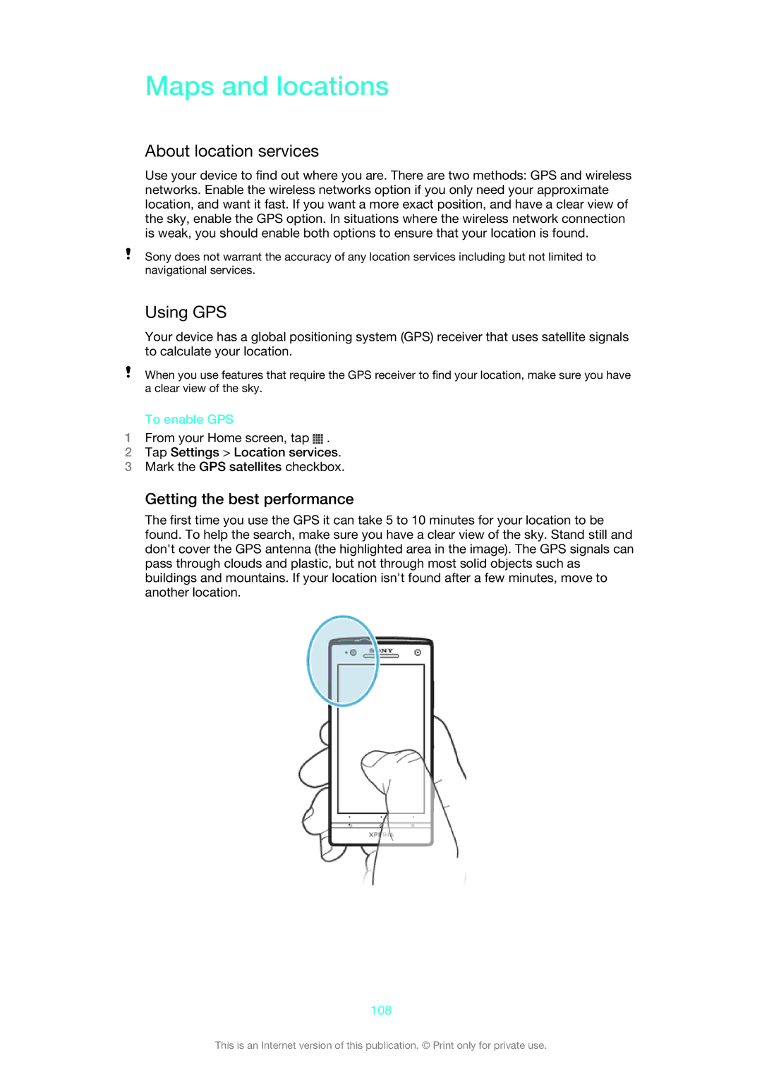 Sony 1266-9649, 1266-9650, 1266-9648 Maps and locations, About location services, Using GPS, Getting the best performance 