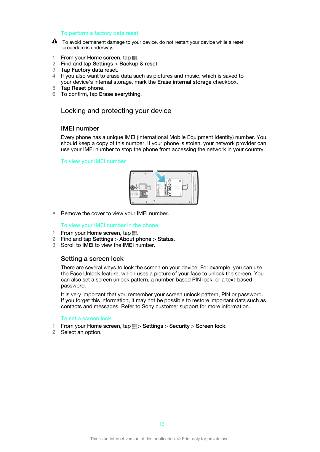 Sony 1266-9649, 1266-9650, 1266-9648, 1269-0259 manual Locking and protecting your device, Imei number, Setting a screen lock 