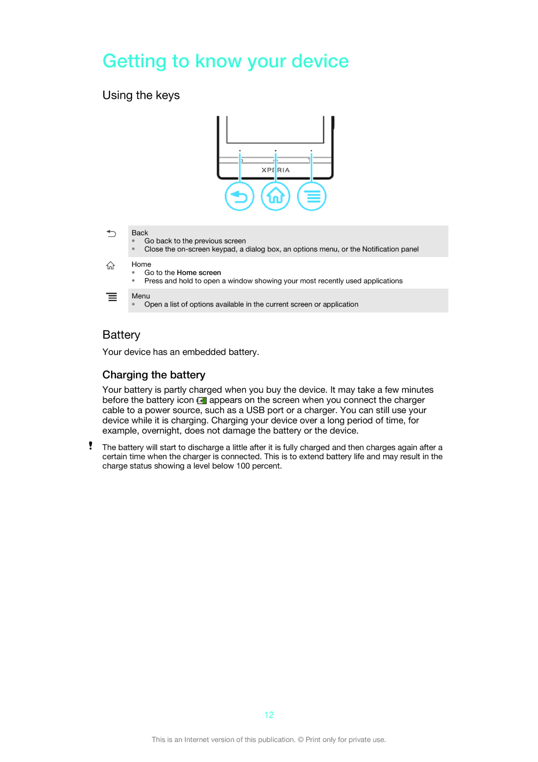 Sony 1266-9649, 1266-9650, 1266-9648, 1269-0259 Getting to know your device, Using the keys, Battery, Charging the battery 