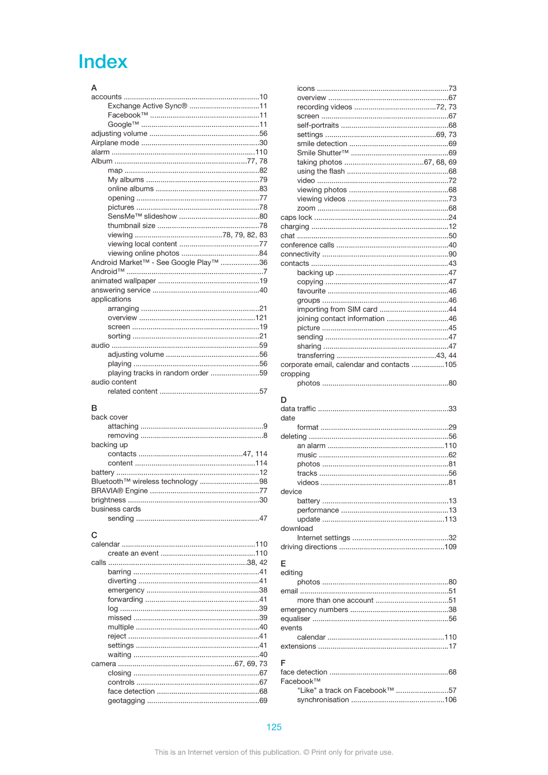 Sony 1266-9650, 1266-9649, 1266-9648, 1269-0259 manual Index, 125 