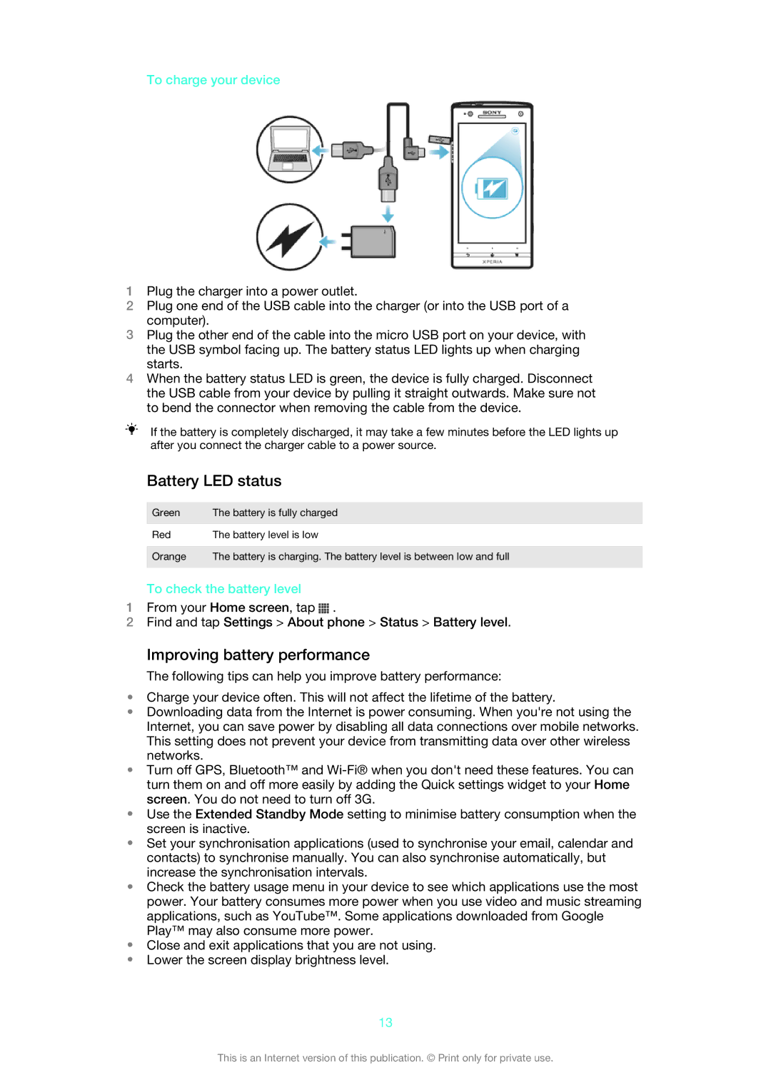 Sony 1266-9650 manual Battery LED status, Improving battery performance, To charge your device, To check the battery level 