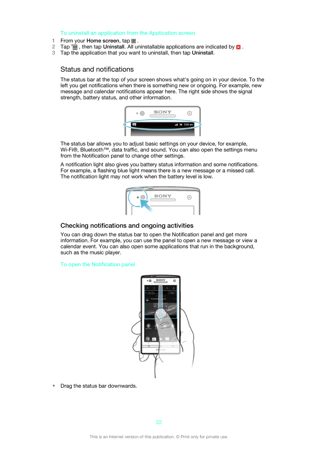 Sony 1266-9648 Status and notifications, Checking notifications and ongoing activities, To open the Notification panel 