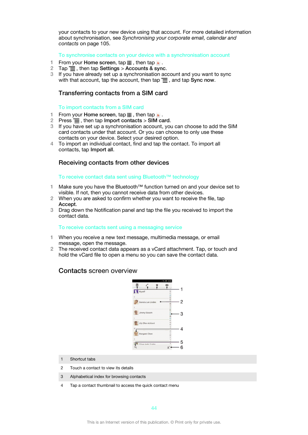 Sony 1266-9649 Contacts screen overview, Transferring contacts from a SIM card, Receiving contacts from other devices 