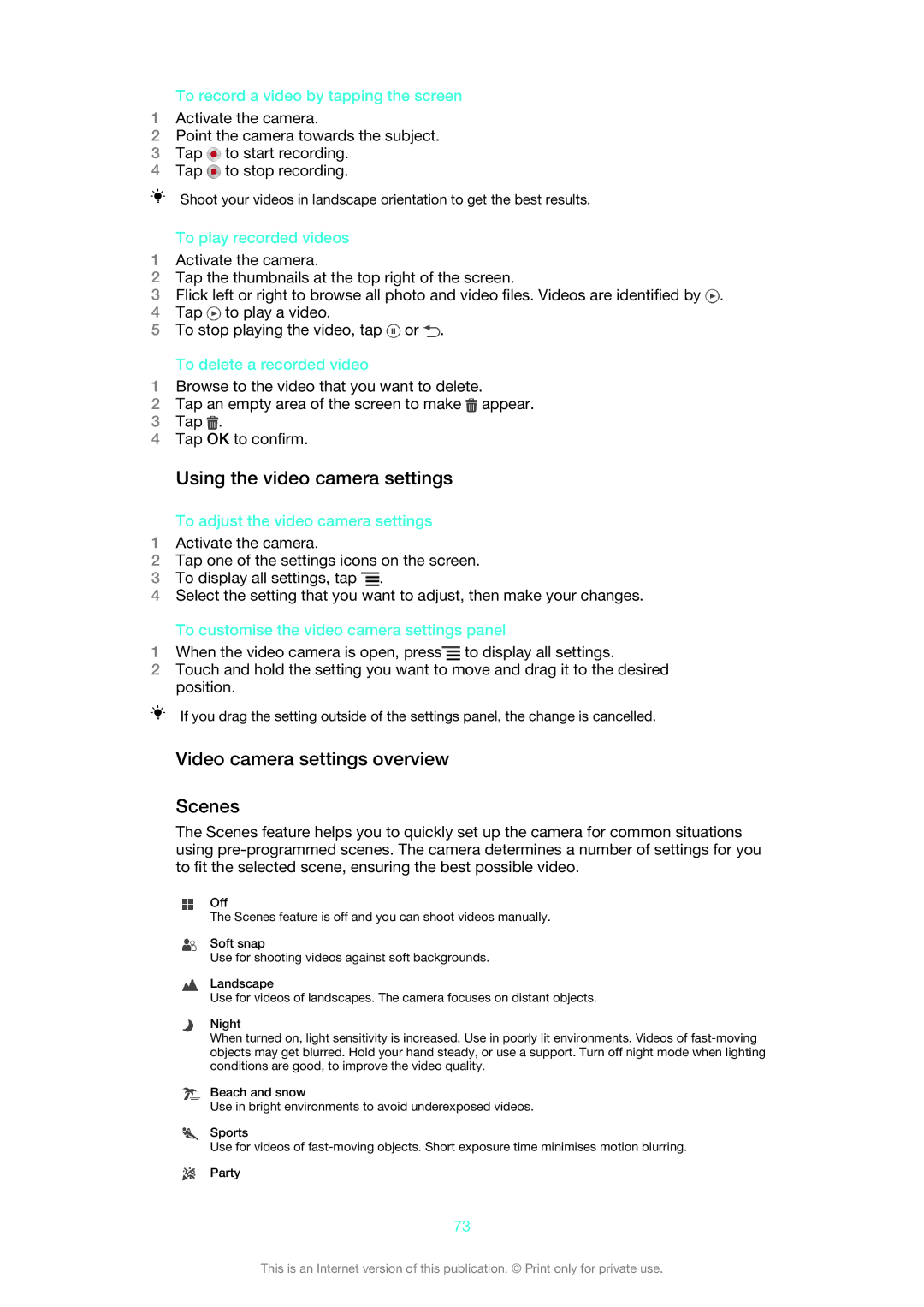 Sony 1266-9650, 1266-9649, 1266-9648, 1269-0259 manual Using the video camera settings, Video camera settings overview Scenes 