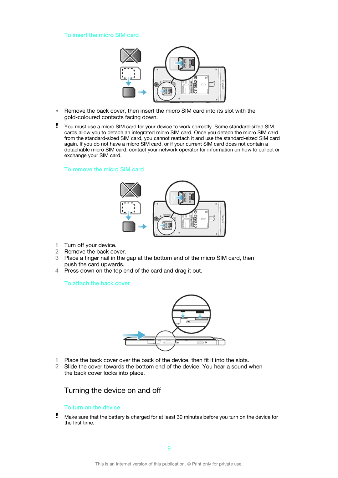 Sony 1266-9650, 1266-9649 manual Turning the device on and off, To insert the micro SIM card, To remove the micro SIM card 