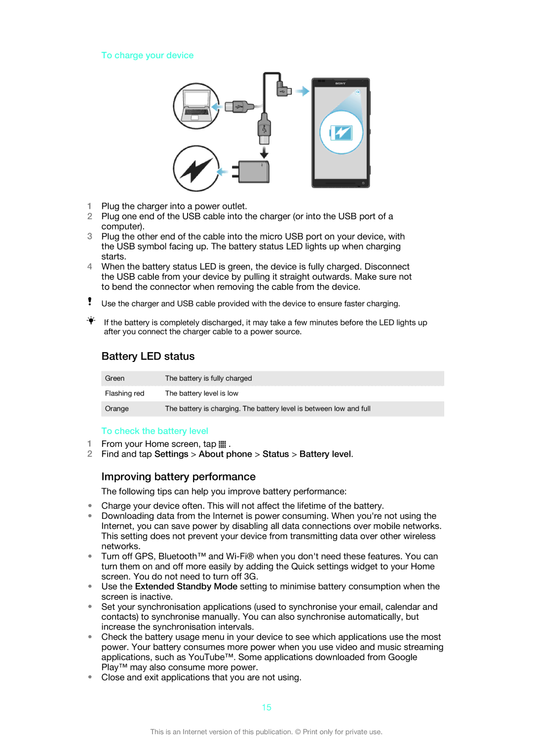 Sony C6502RED manual Battery LED status, Improving battery performance, To charge your device, To check the battery level 