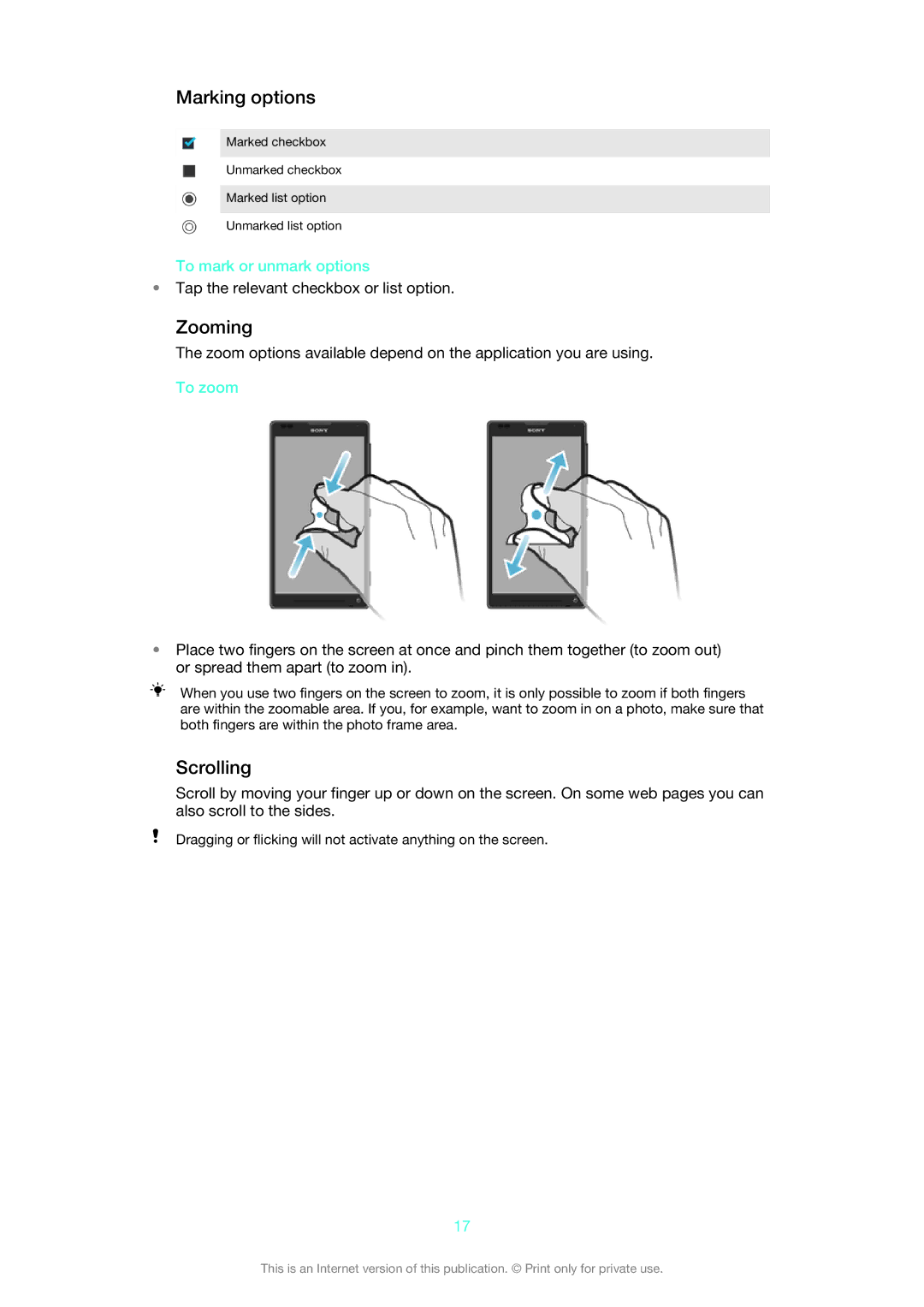 Sony 1270-6440, 1270-4315, 1270-6439, 1270-6441 manual Marking options, Zooming, Scrolling, To mark or unmark options, To zoom 