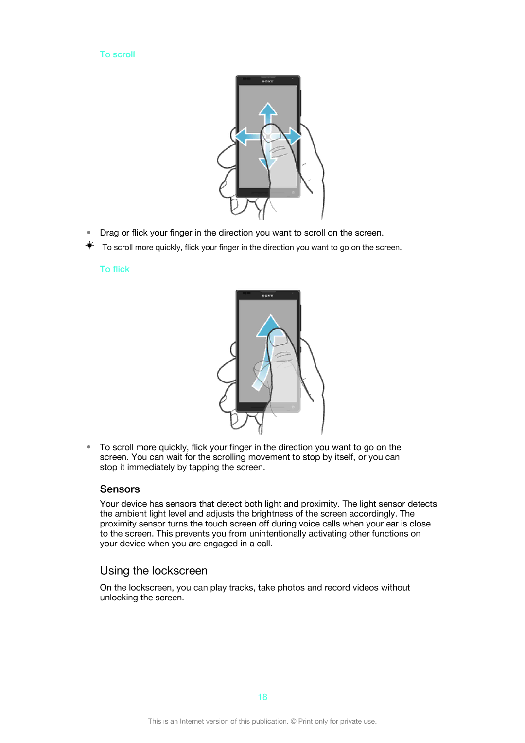 Sony 1270-6439, 1270-4315, 1270-6440, 1270-6441, C6502RED manual Using the lockscreen, Sensors, To scroll, To flick 