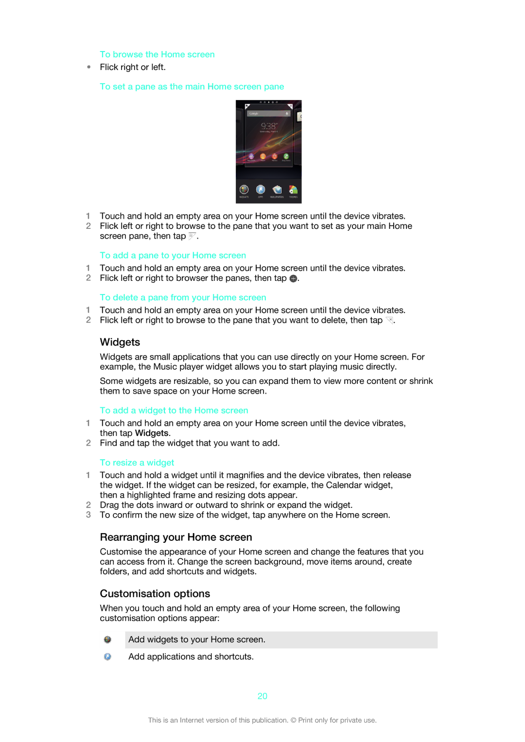 Sony C6502RED, 1270-4315, 1270-6440, 1270-6439, 1270-6441 manual Widgets, Rearranging your Home screen, Customisation options 