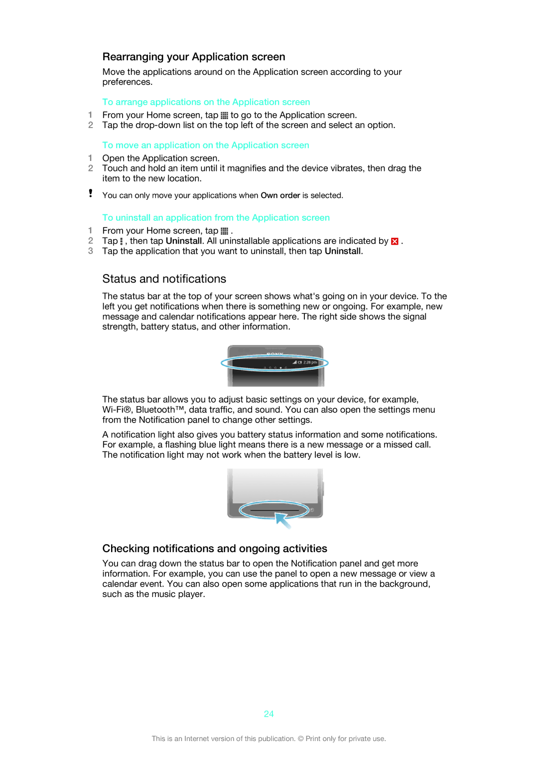 Sony 1270-6441, 1270-4315, 1270-6440, 1270-6439, C6502RED manual Status and notifications, Rearranging your Application screen 