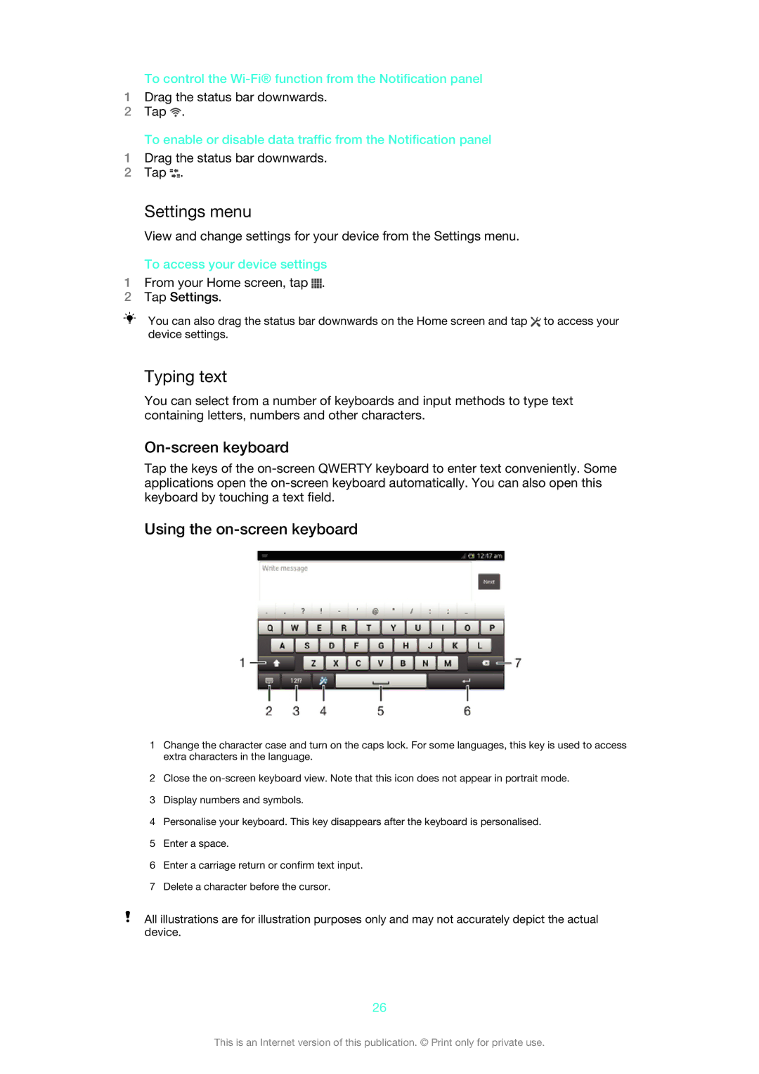 Sony 1270-4315, 1270-6440, 1270-6439, 1270-6441 Settings menu, Typing text, On-screen keyboard, Using the on-screen keyboard 