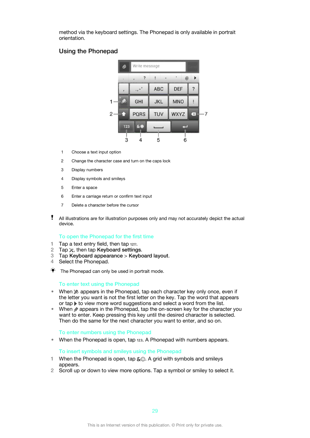 Sony 1270-6441, 1270-4315 Using the Phonepad, To open the Phonepad for the first time, To enter text using the Phonepad 