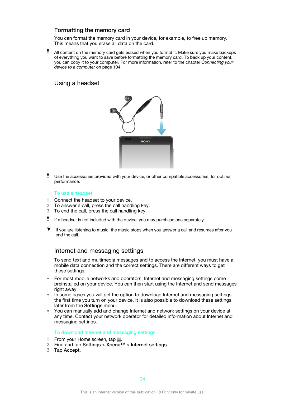 Sony 1270-6441, 1270-4315 Using a headset, Internet and messaging settings, Formatting the memory card, To use a headset 