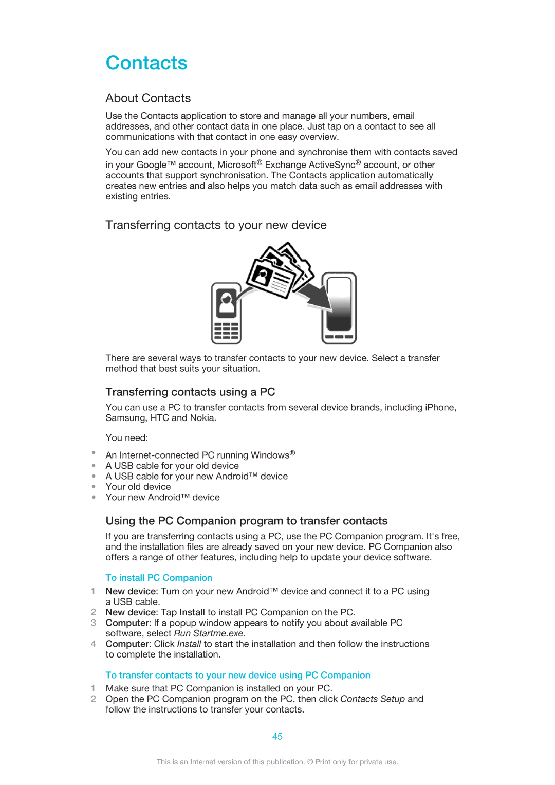 Sony C6502RED, 1270-4315 About Contacts, Transferring contacts to your new device, Transferring contacts using a PC 