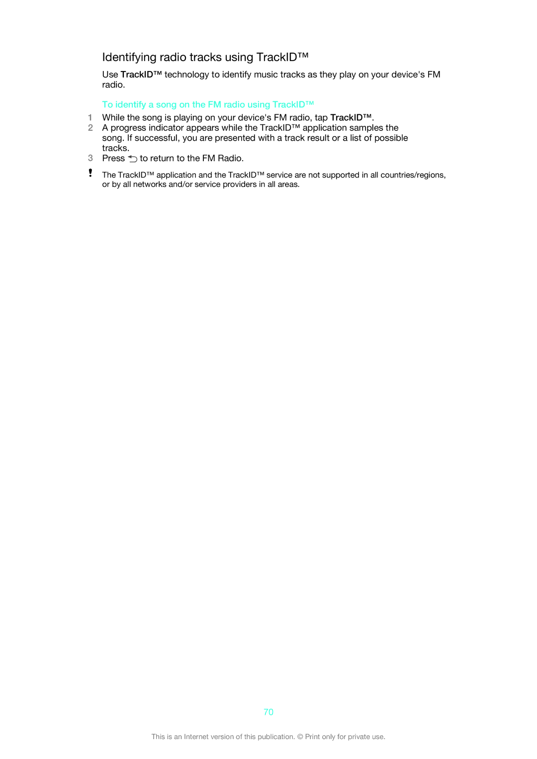 Sony C6502RED, 1270-4315 manual Identifying radio tracks using TrackID, To identify a song on the FM radio using TrackID 